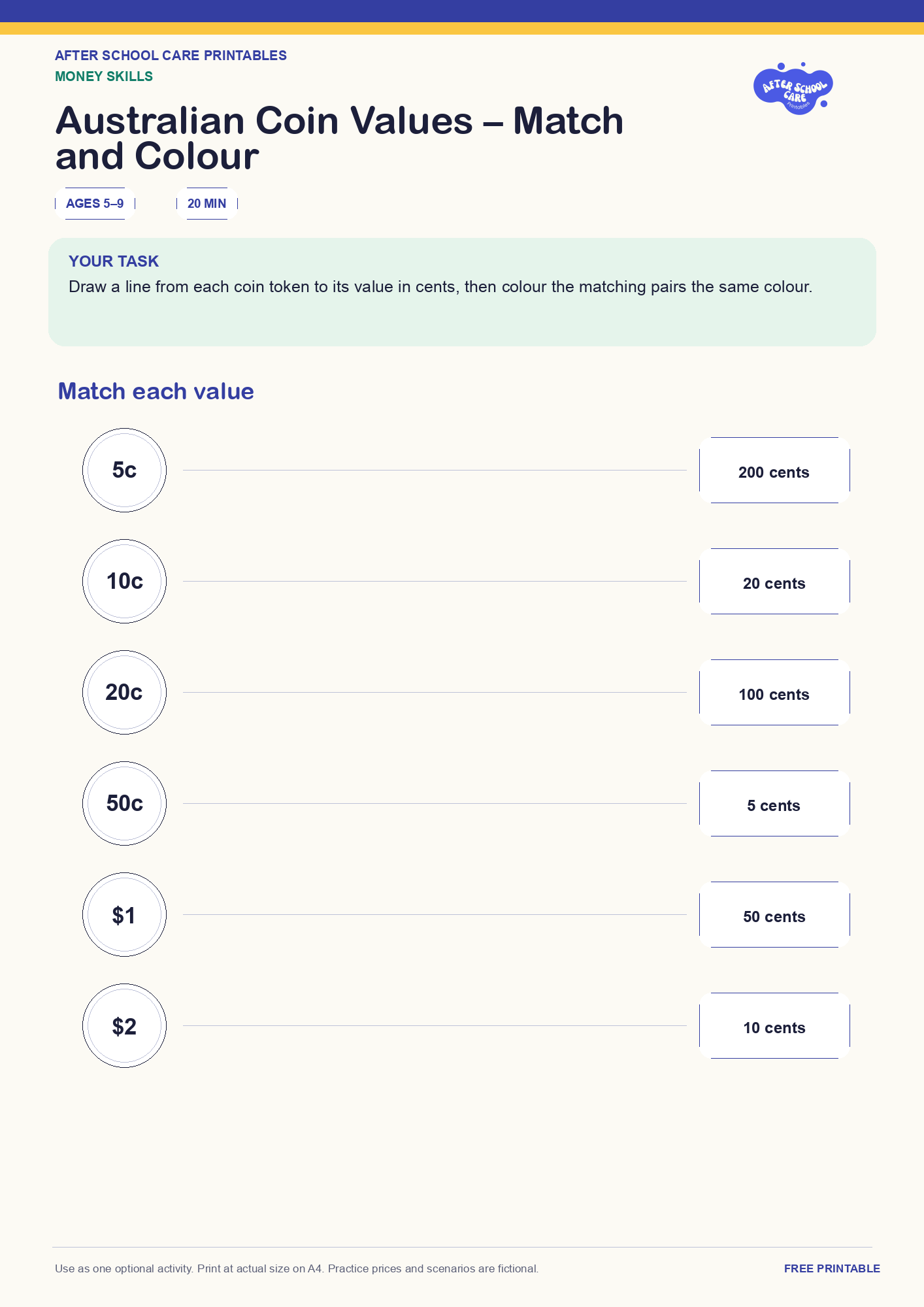 Australian Coin Values – Match and Colour one-page printable activity preview
