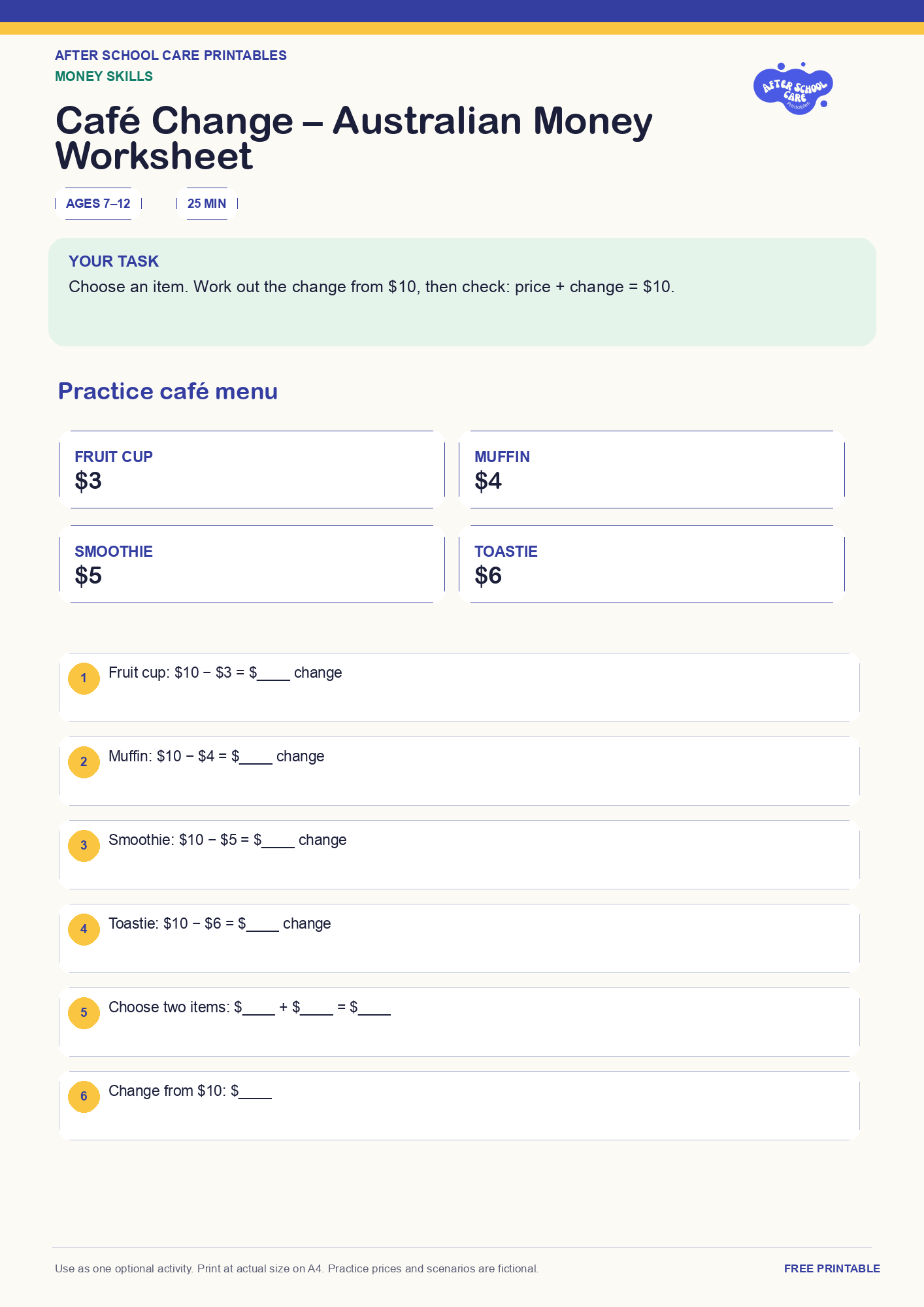 Café Change – Australian Money Worksheet one-page printable activity preview