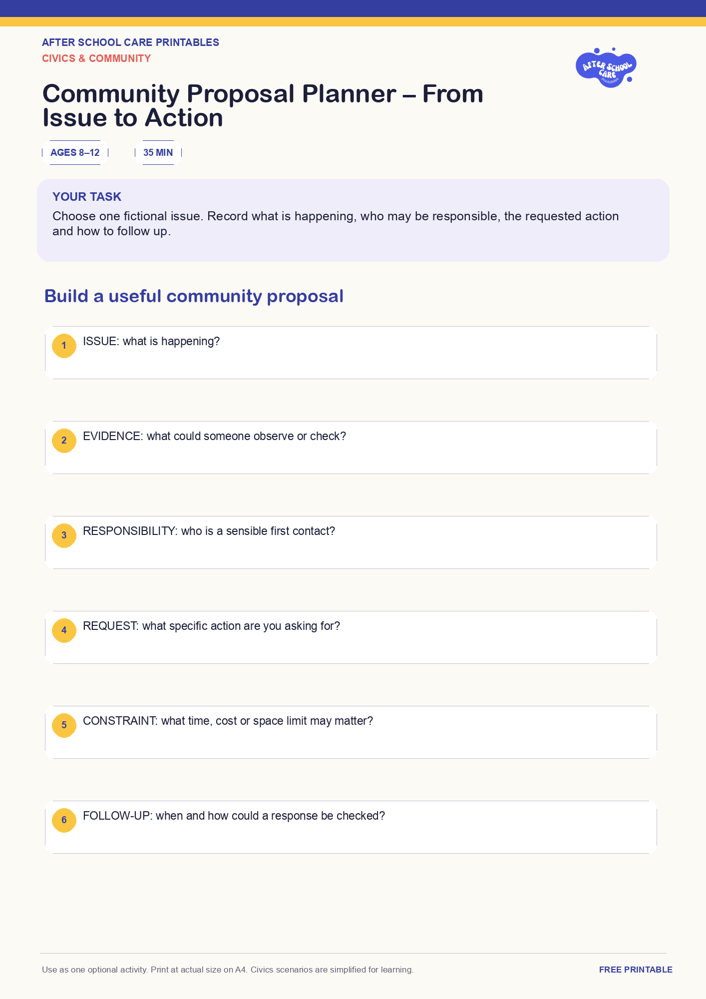 Community Proposal Planner – From Issue to Action one-page printable activity preview