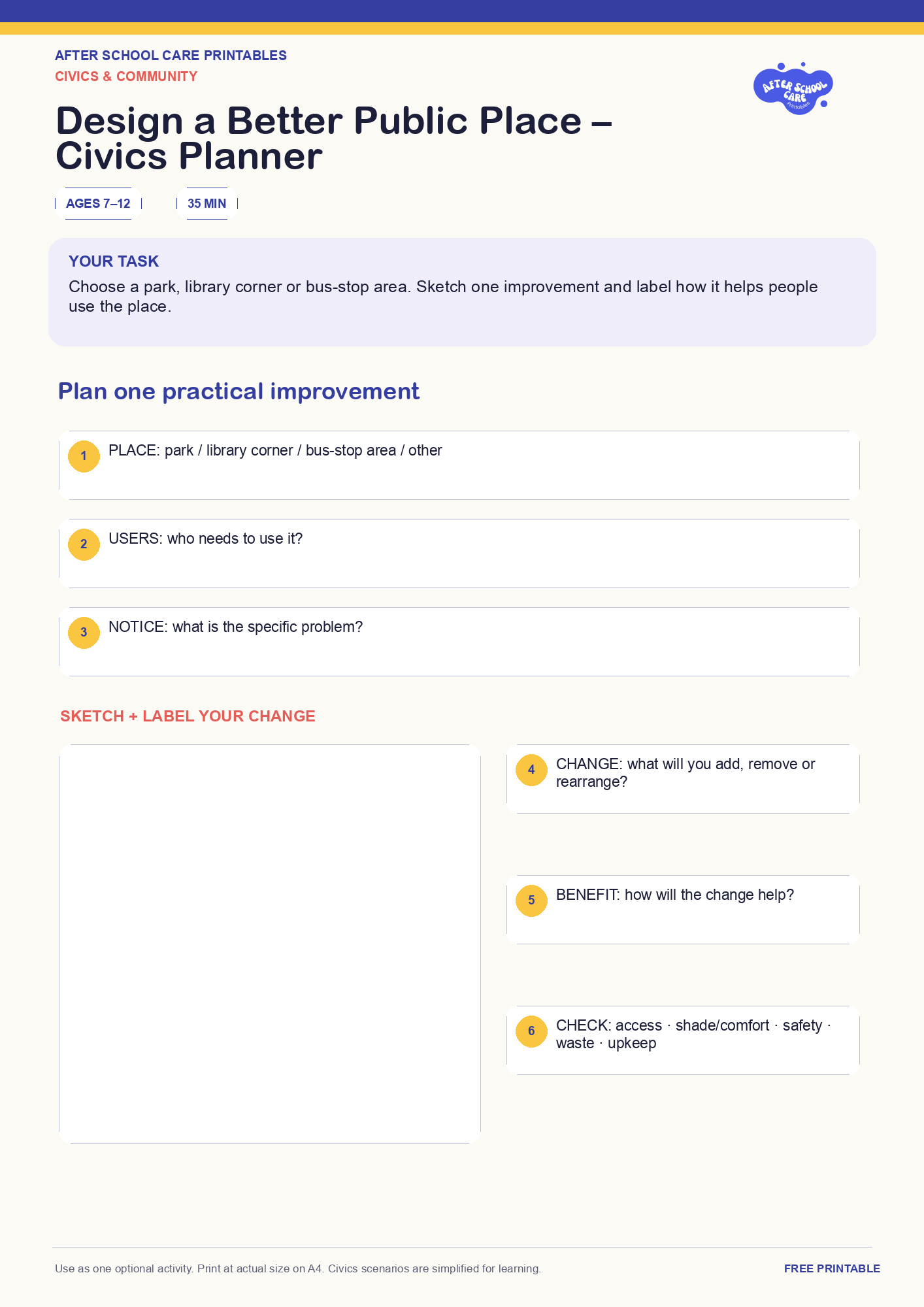 Design a Better Public Place – Civics Planner one-page printable activity preview