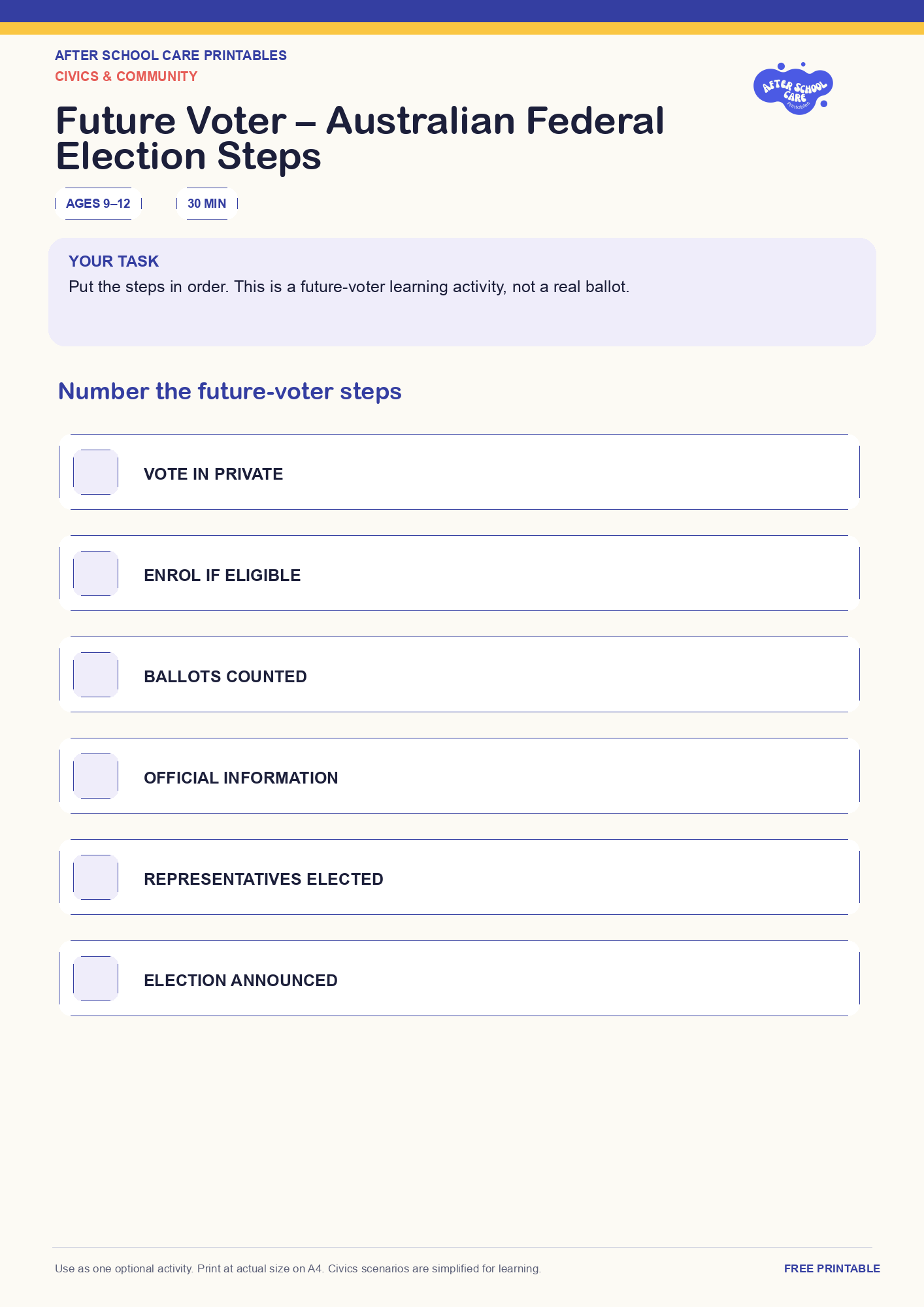 Future Voter – Australian Federal Election Steps one-page printable activity preview