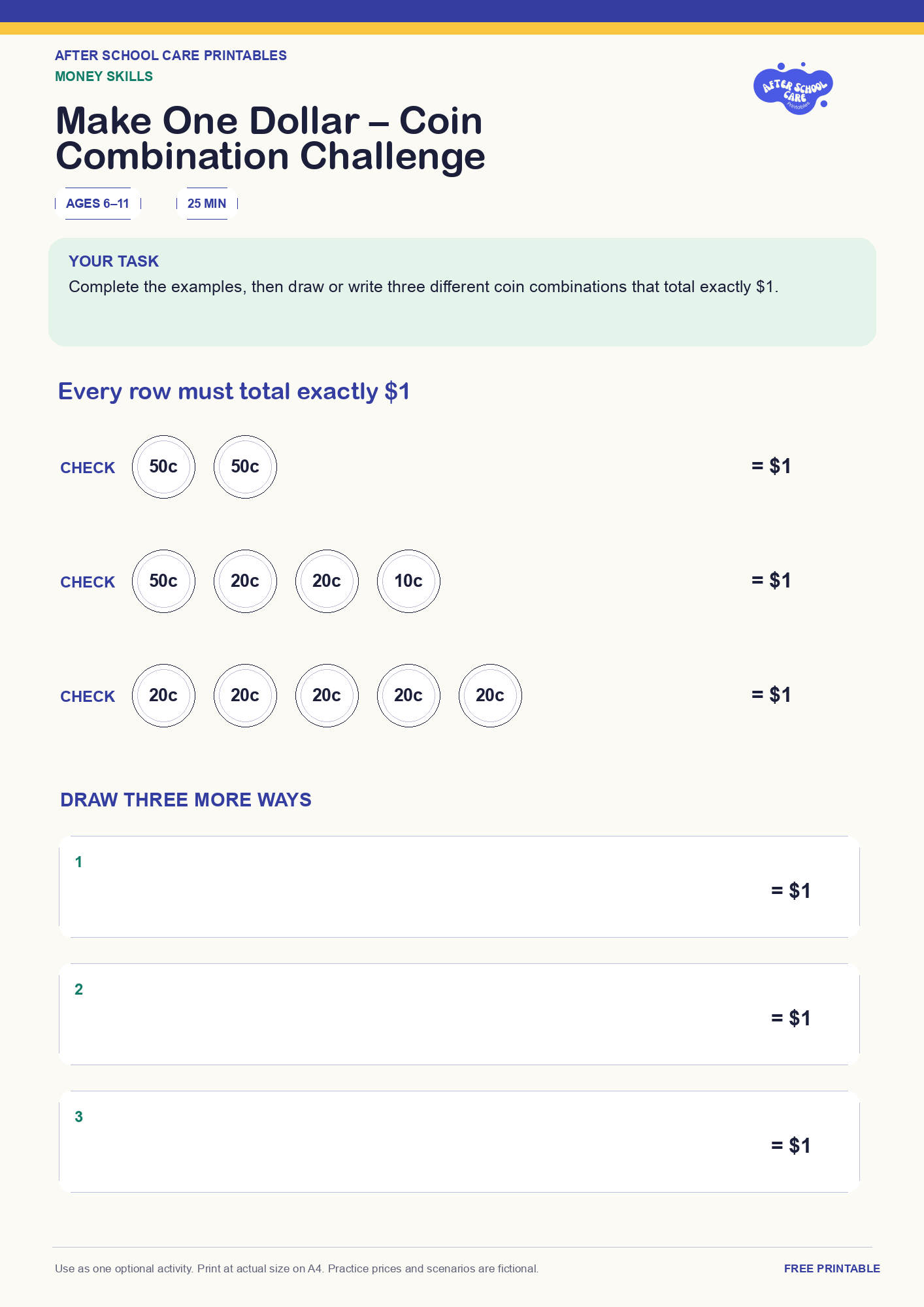 Make One Dollar – Coin Combination Challenge one-page printable activity preview