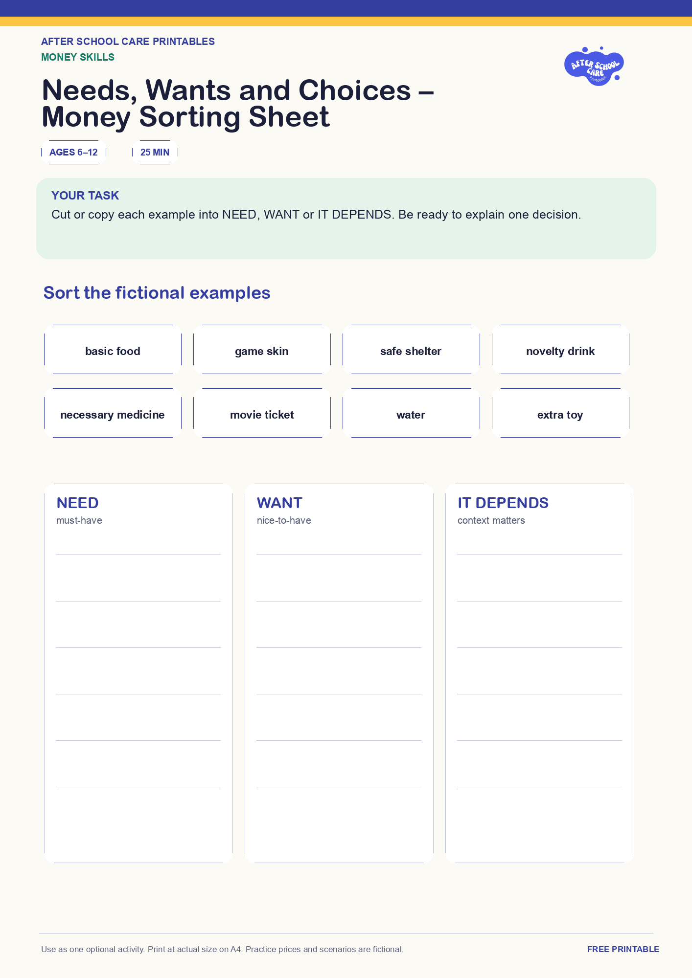 Needs, Wants and Choices – Money Sorting Sheet one-page printable activity preview