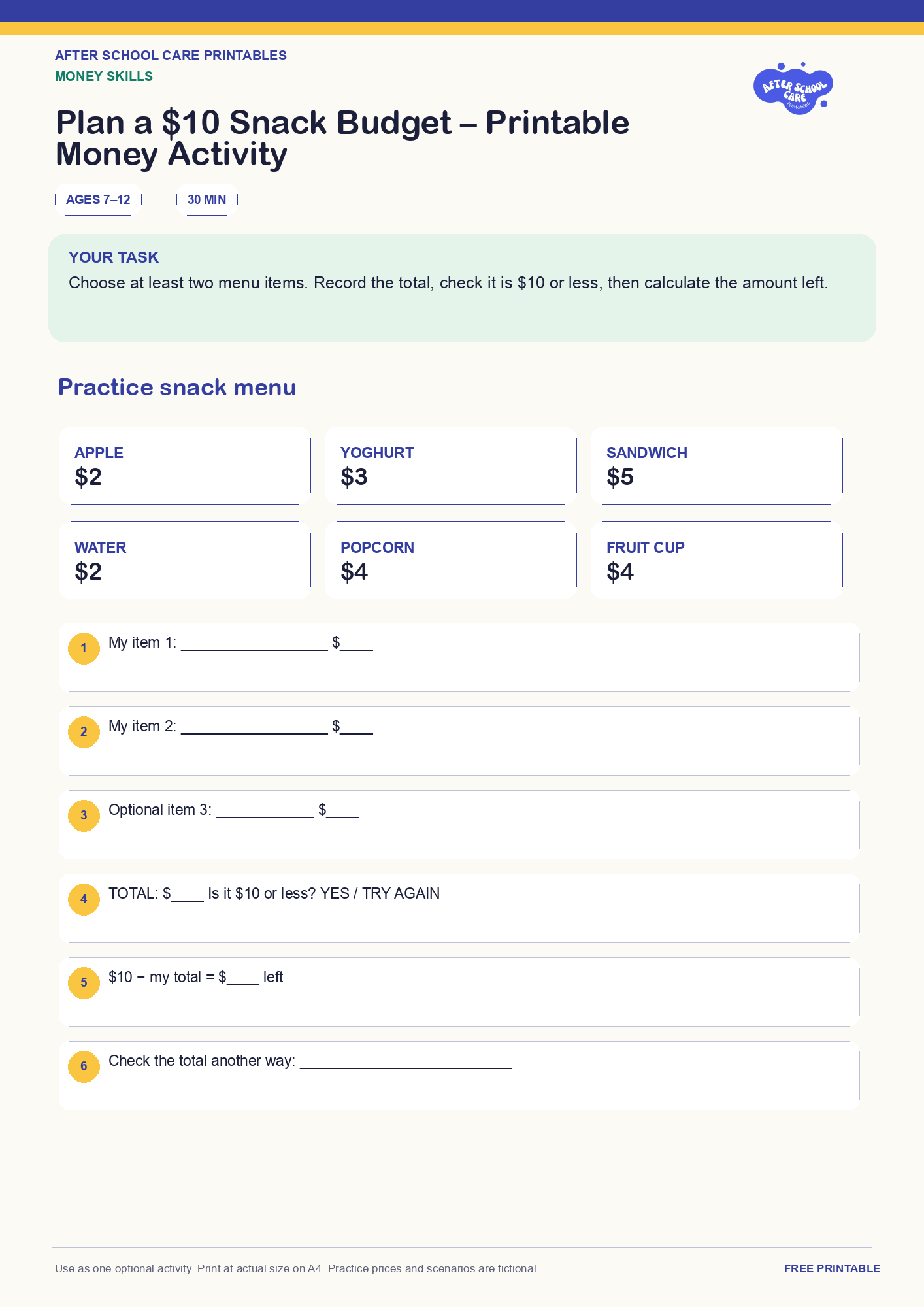 Plan a $10 Snack Budget – Printable Money Activity one-page printable activity preview