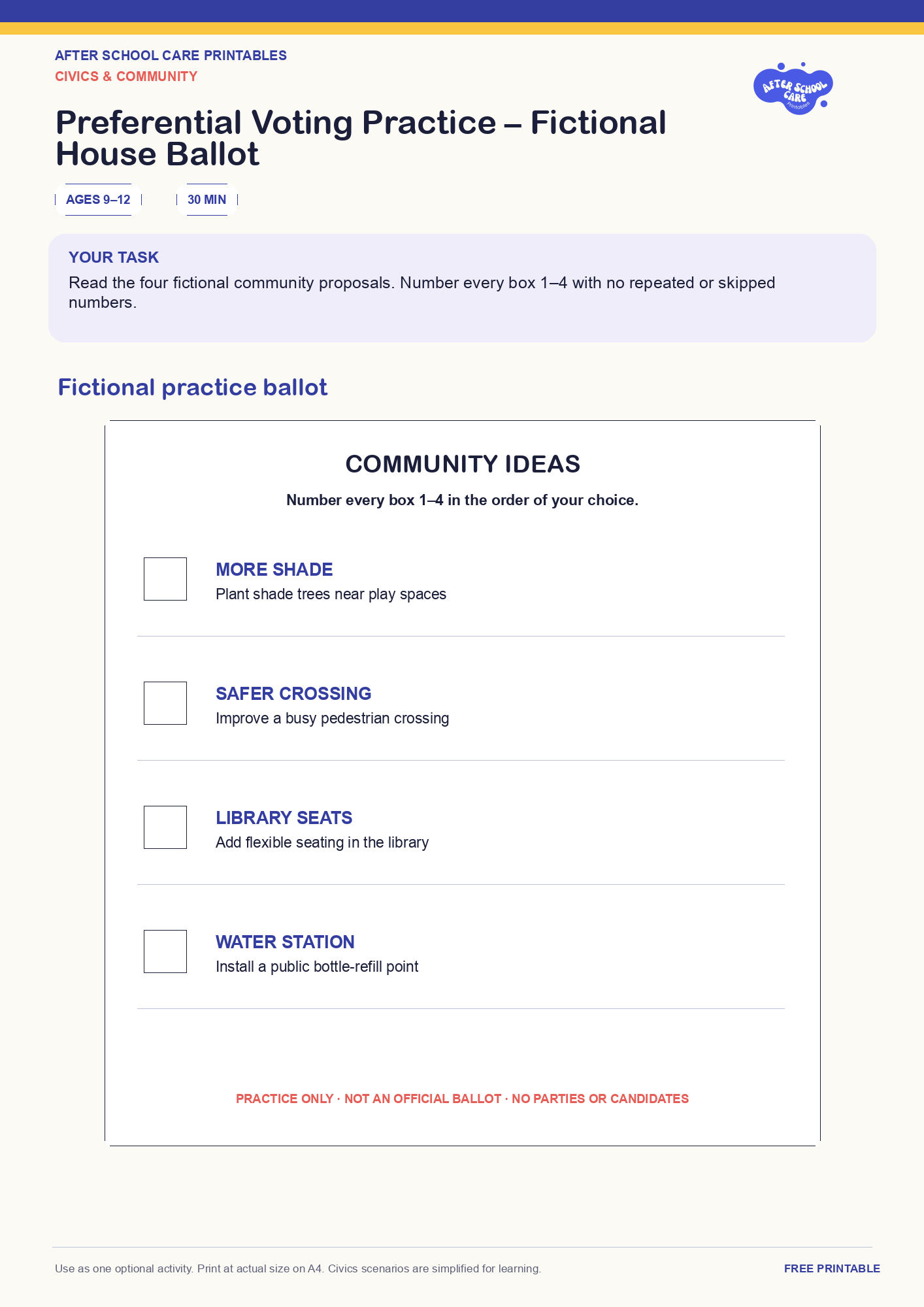 Preferential Voting Practice – Fictional House Ballot one-page printable activity preview
