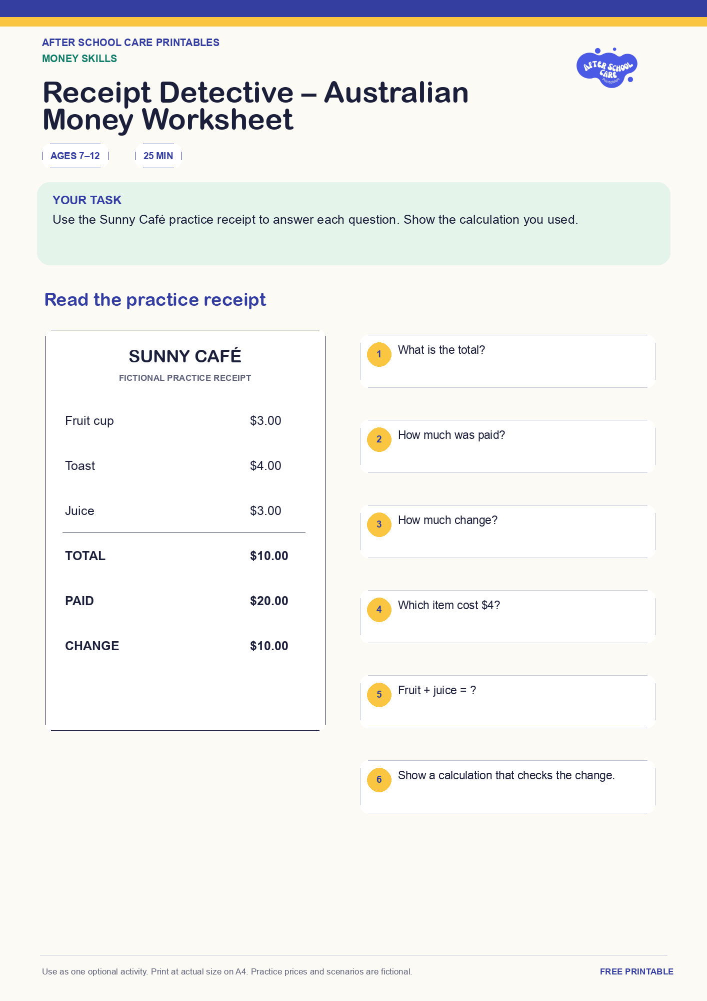 Receipt Detective – Australian Money Worksheet one-page printable activity preview