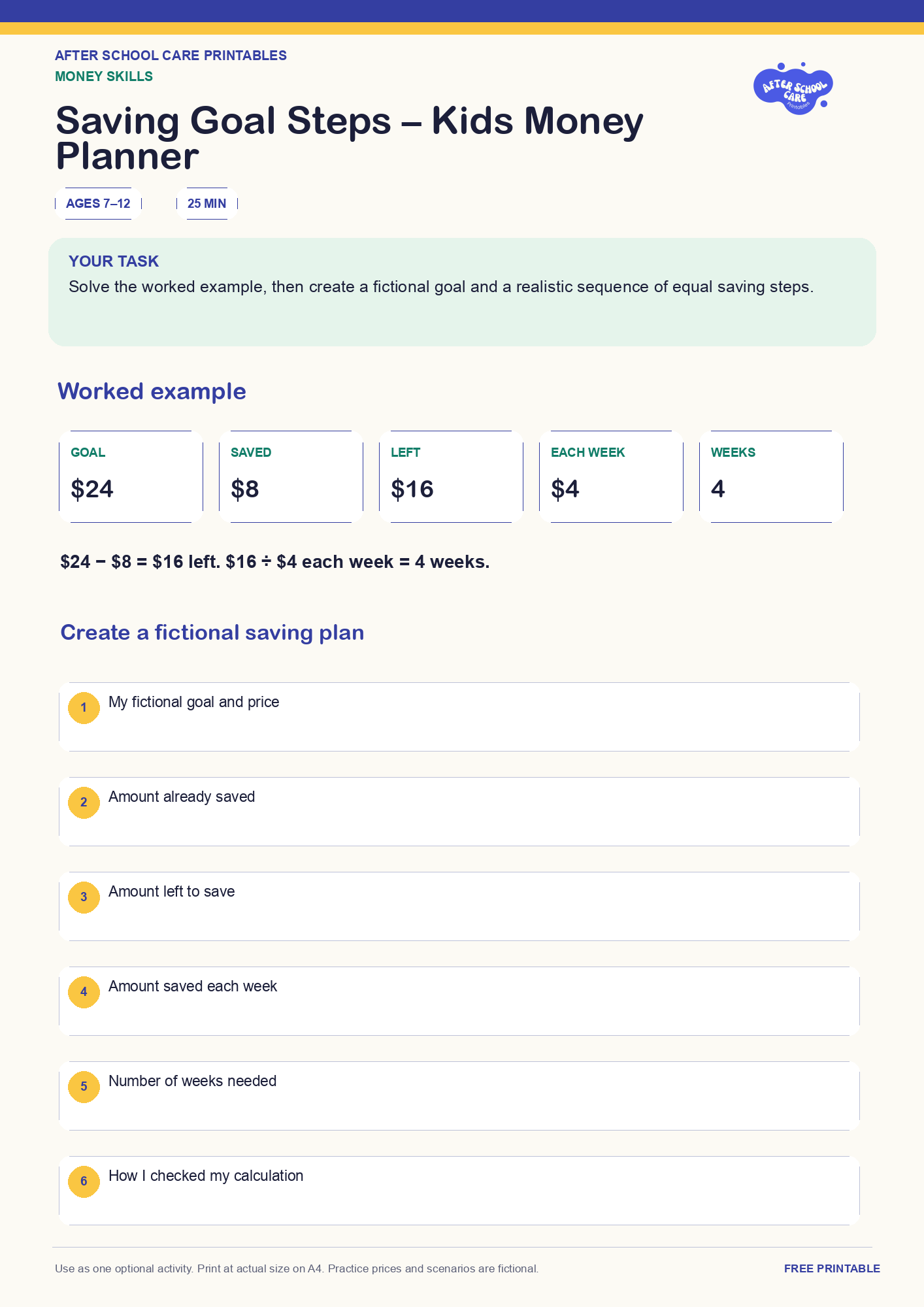 Saving Goal Steps – Kids Money Planner one-page printable activity preview