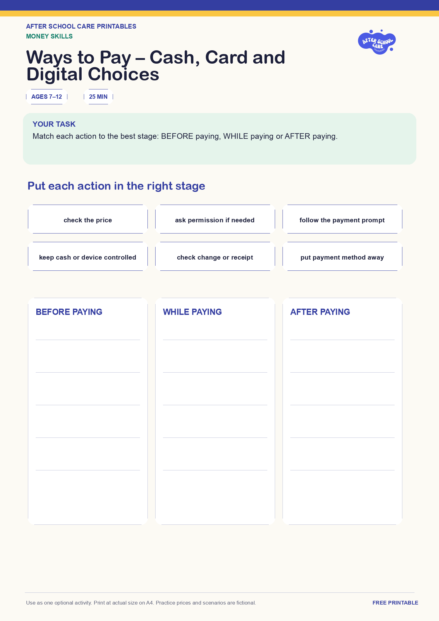 Ways to Pay – Cash, Card and Digital Choices one-page printable activity preview