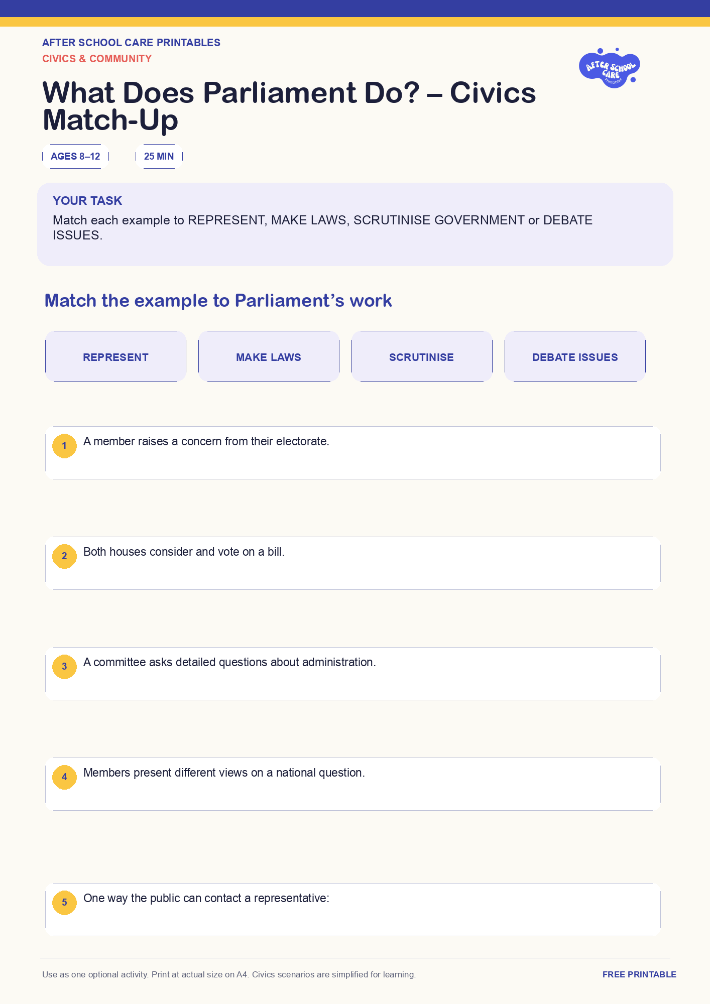 What Does Parliament Do? – Civics Match-Up one-page printable activity preview