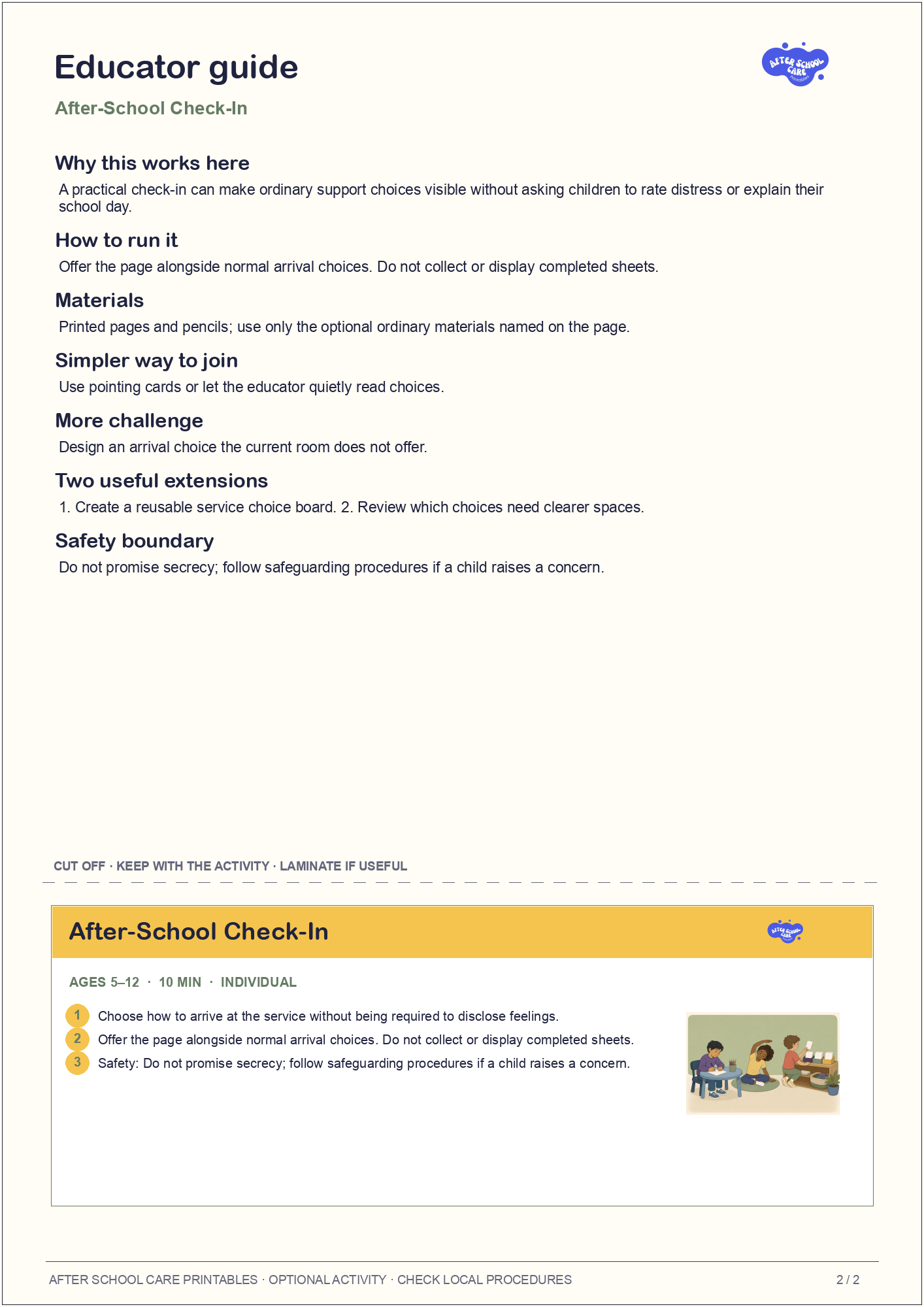 After-School Check-In educator guide and quick-reference card preview