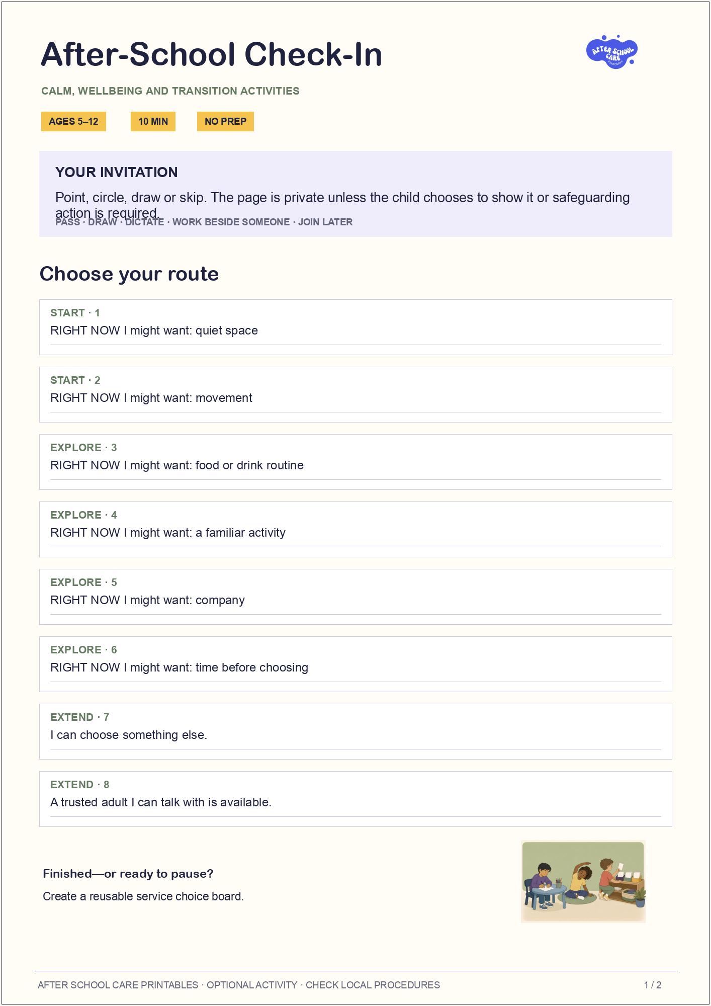 After-School Check-In child-facing activity page preview