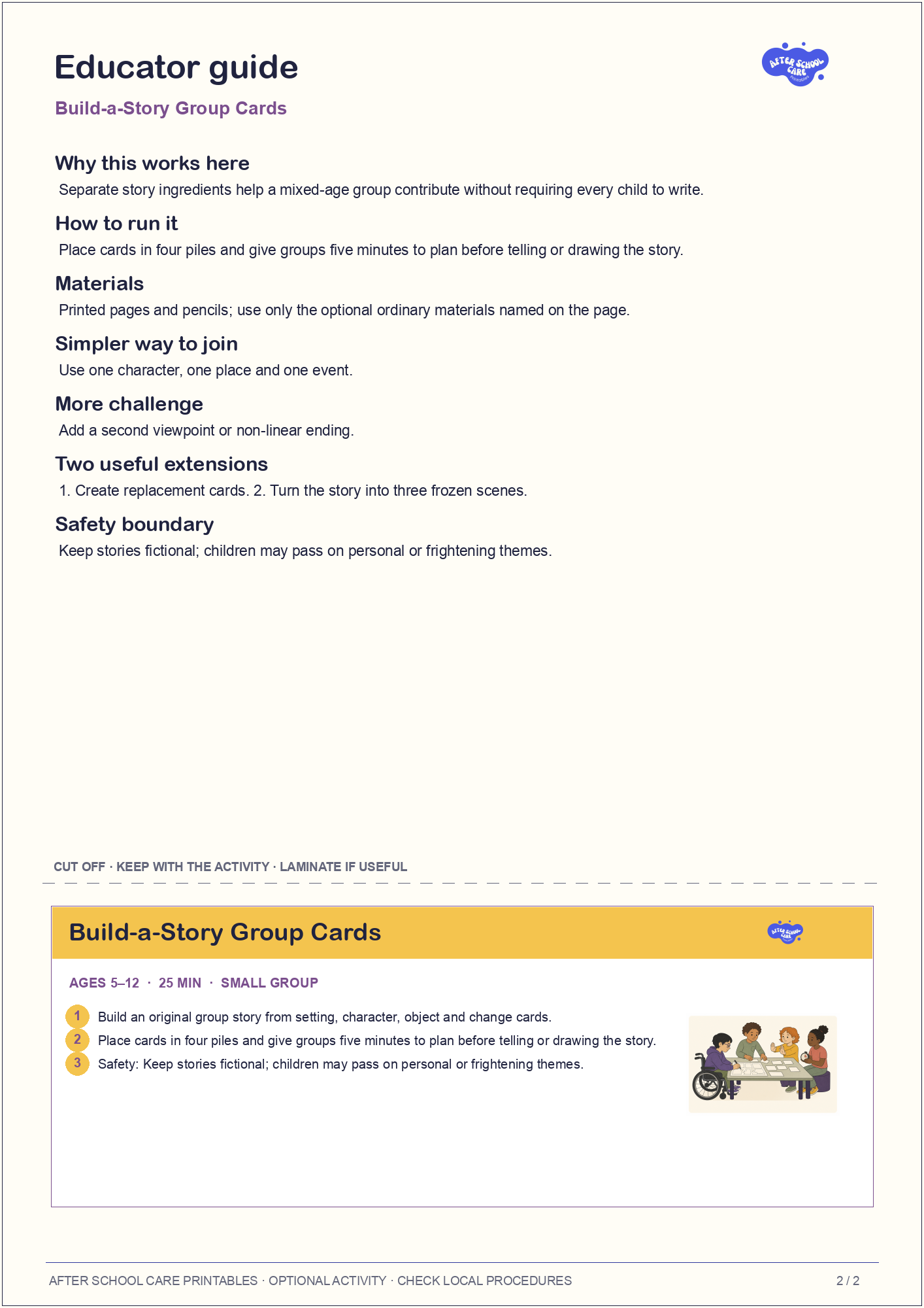 Build-a-Story Group Cards educator guide and quick-reference card preview