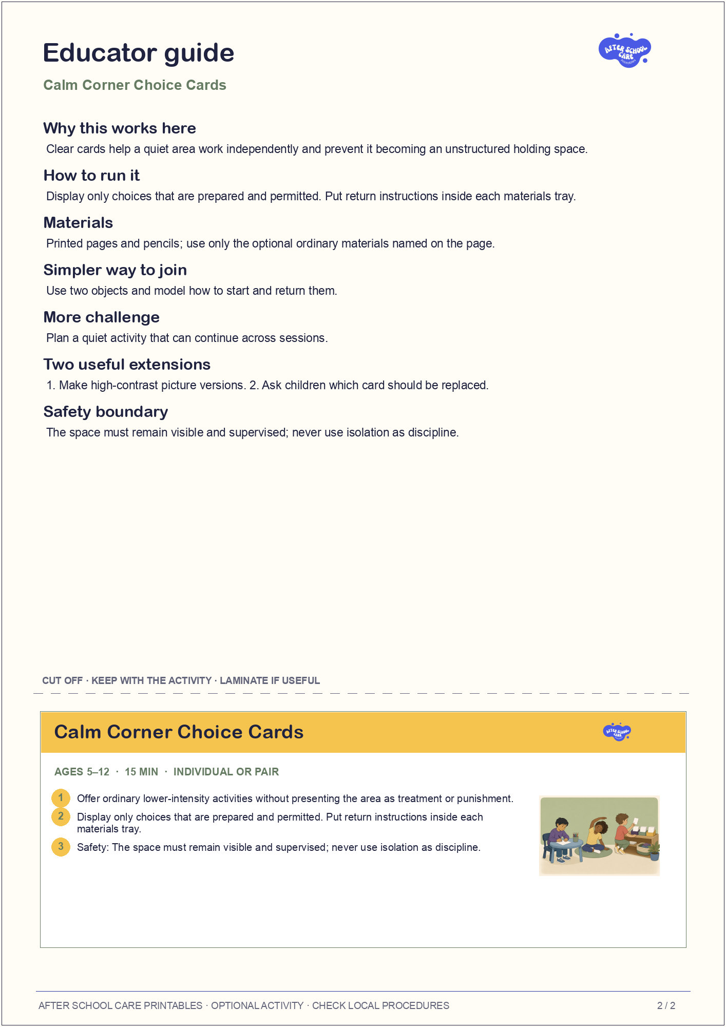 Calm Corner Choice Cards educator guide and quick-reference card preview