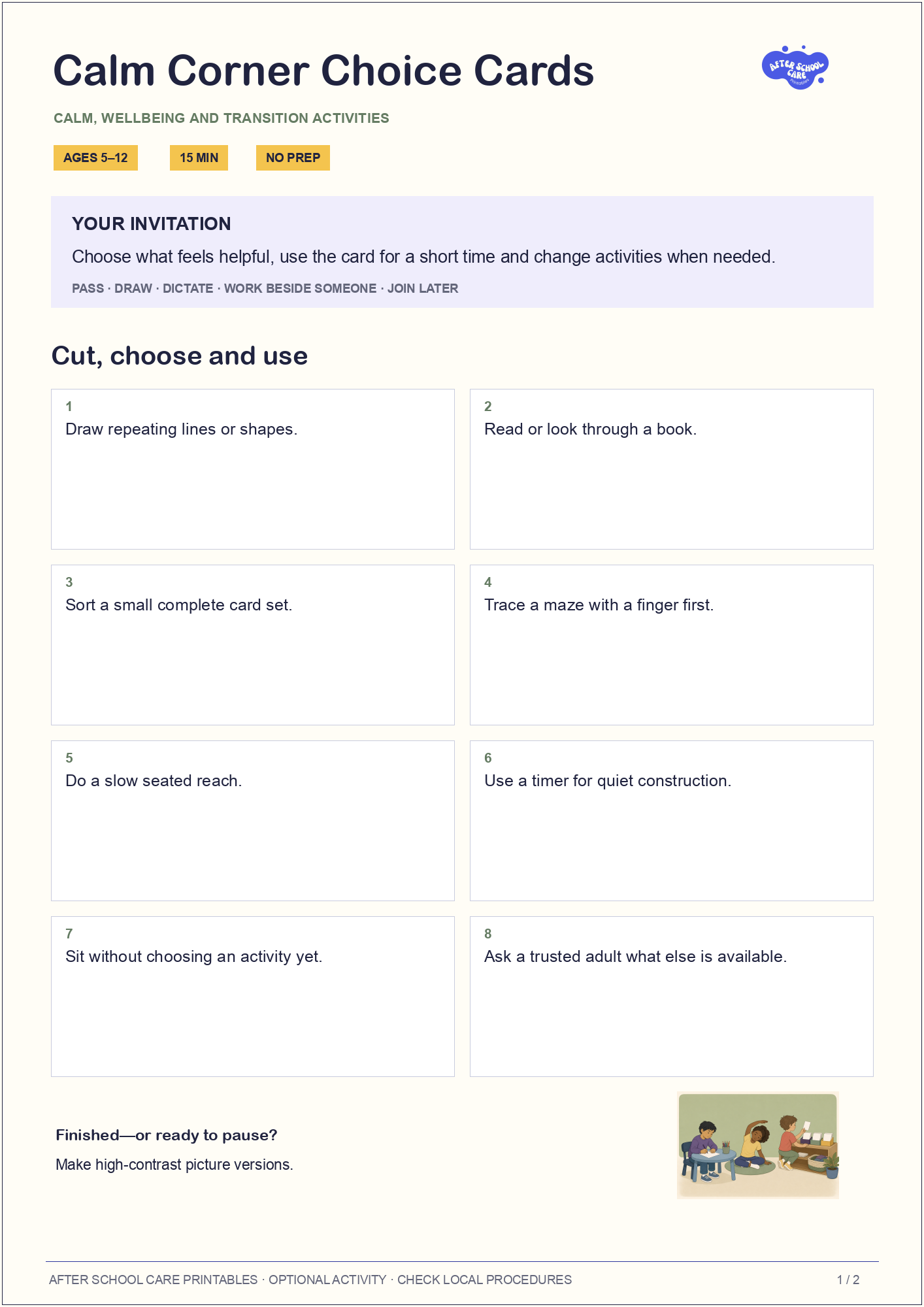 Calm Corner Choice Cards child-facing activity page preview