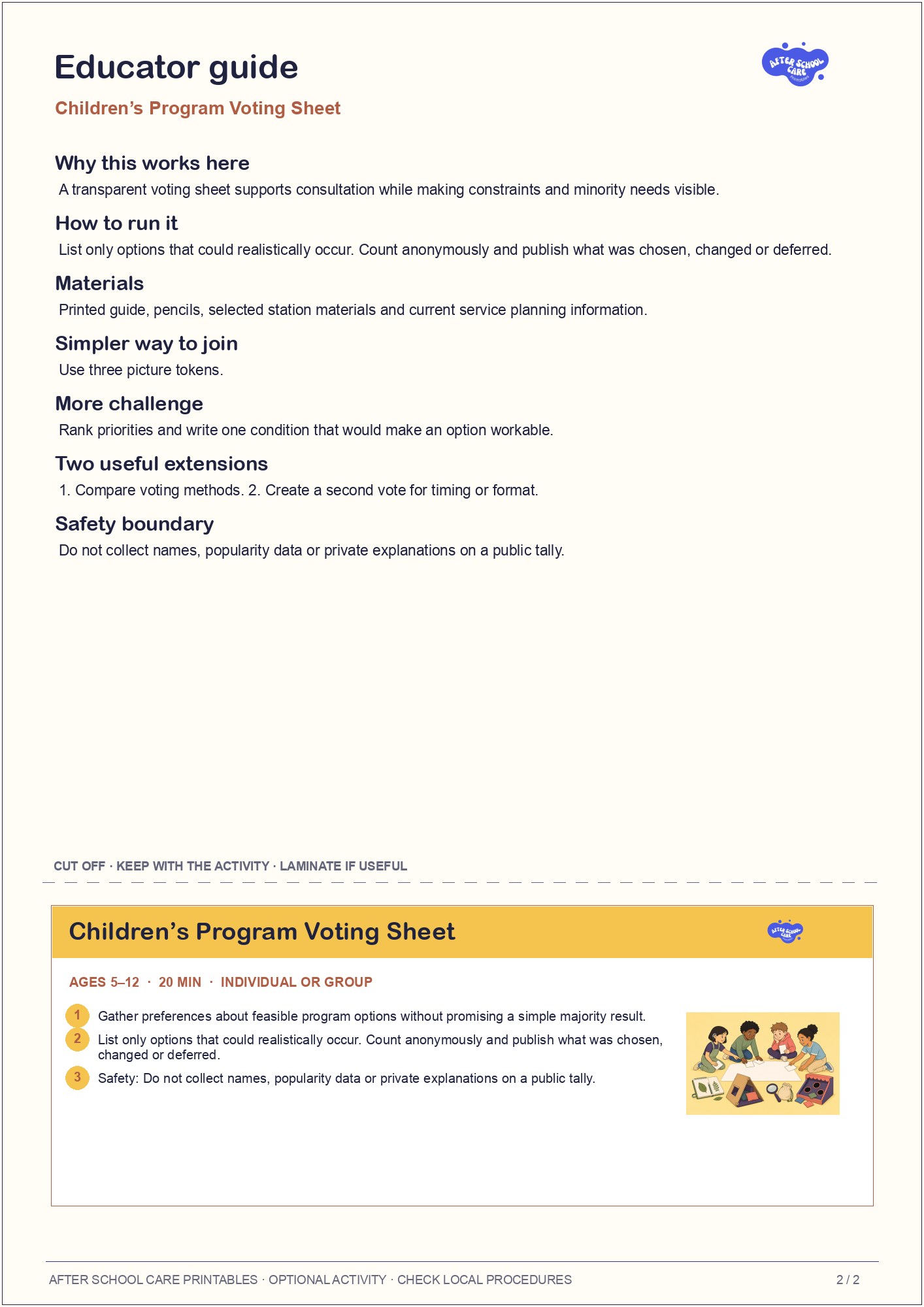 Children’s Program Voting Sheet educator guide and quick-reference card preview
