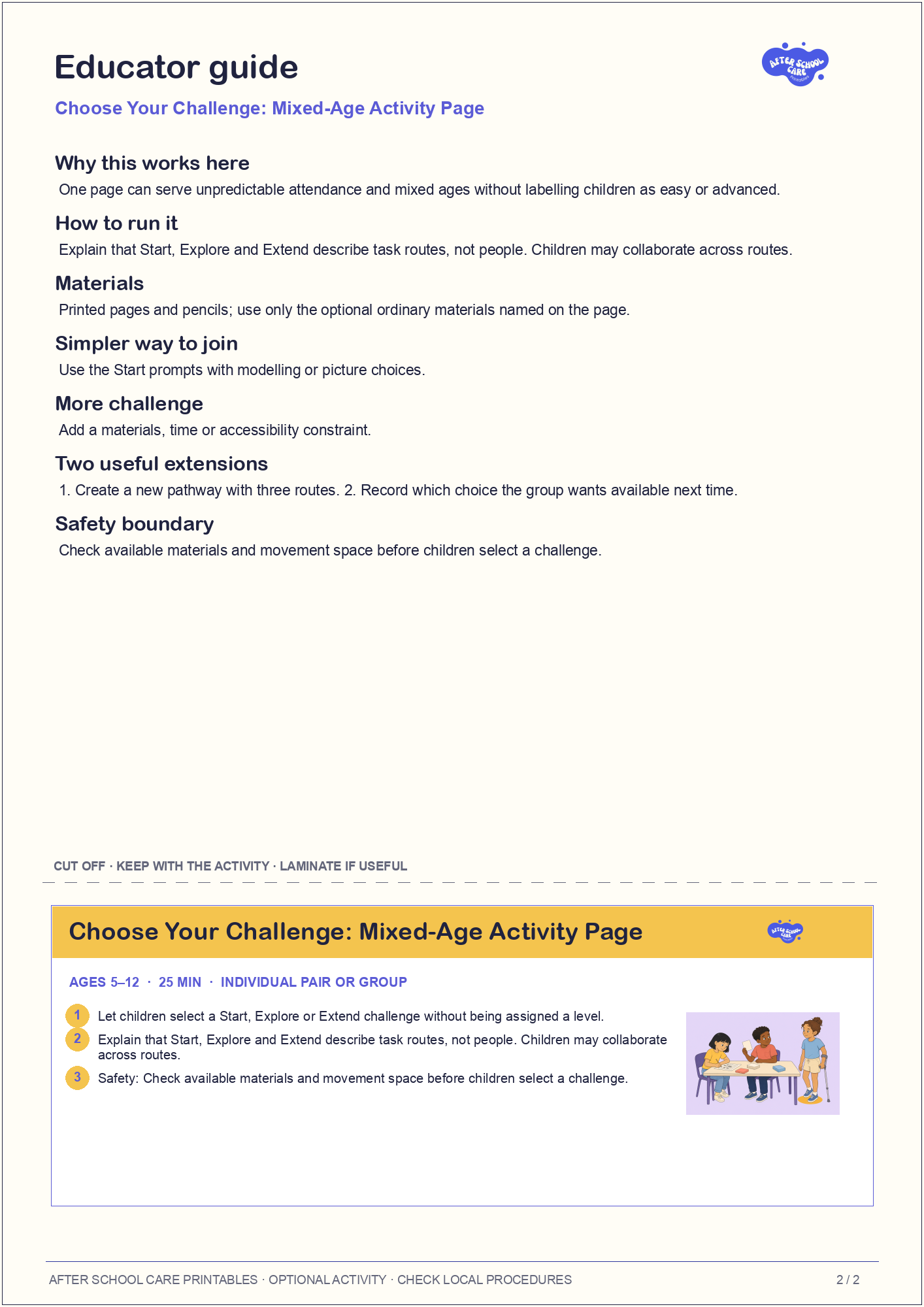 Choose Your Challenge: Mixed-Age Activity Page educator guide and quick-reference card preview