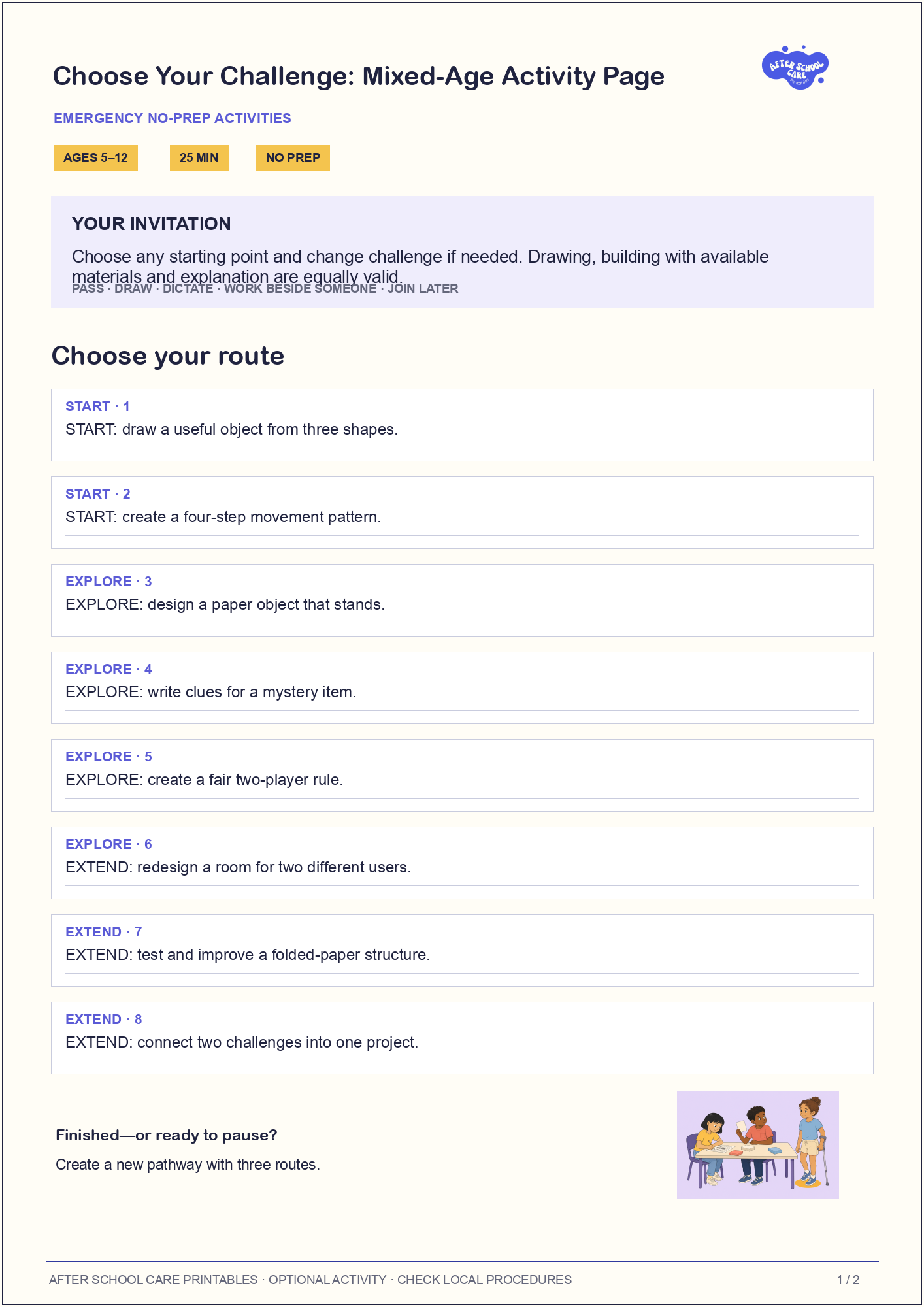 Choose Your Challenge: Mixed-Age Activity Page child-facing activity page preview