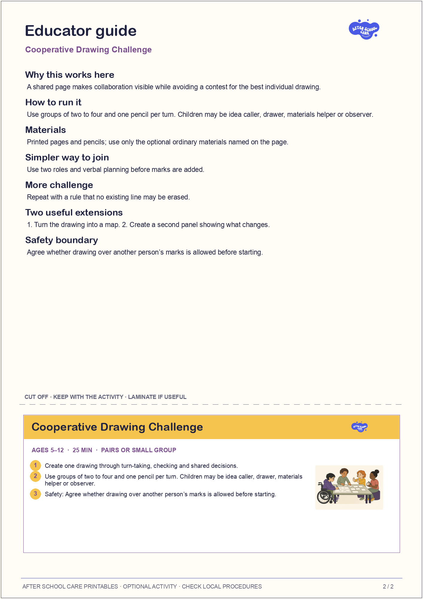 Cooperative Drawing Challenge educator guide and quick-reference card preview