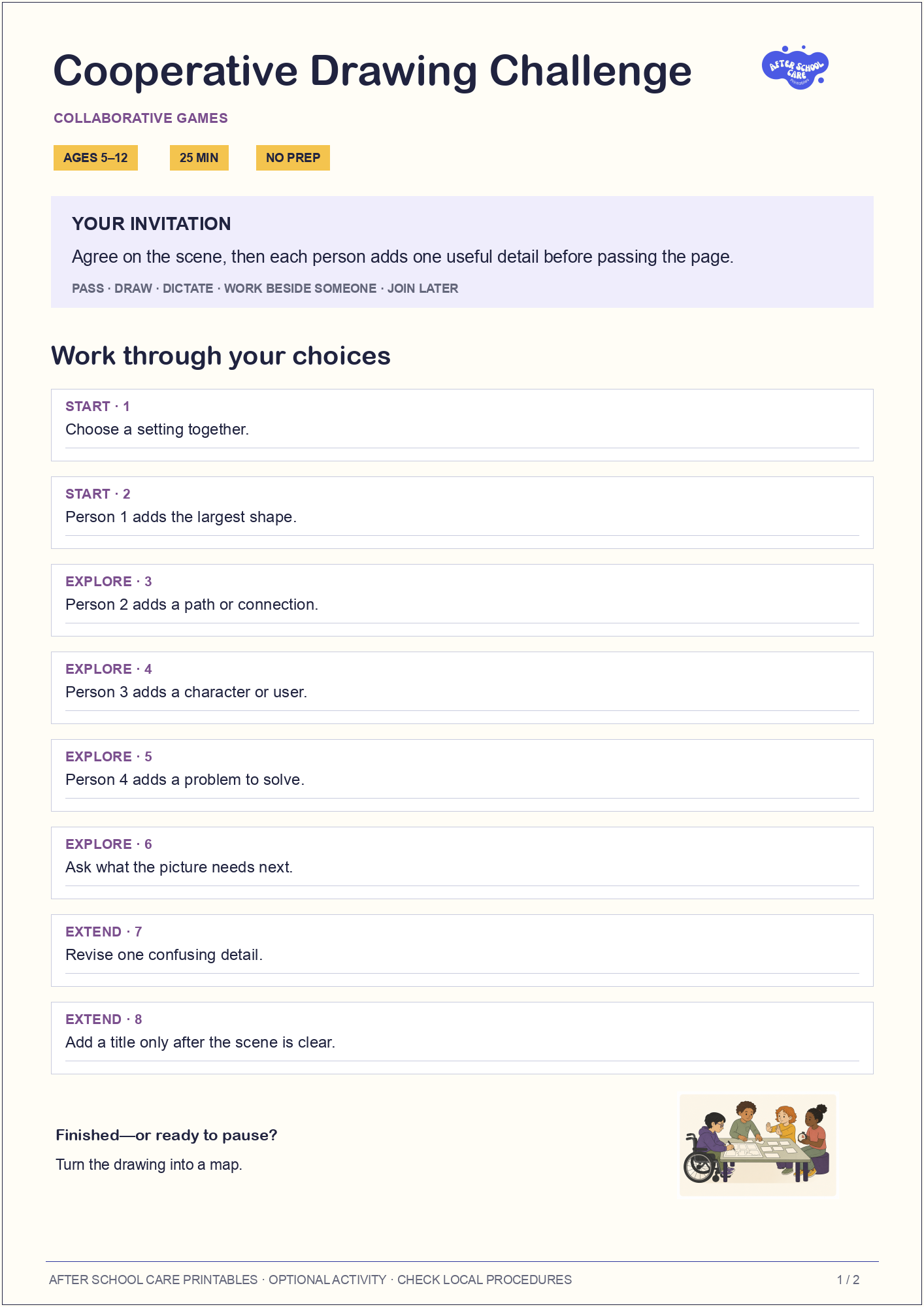 Cooperative Drawing Challenge child-facing activity page preview