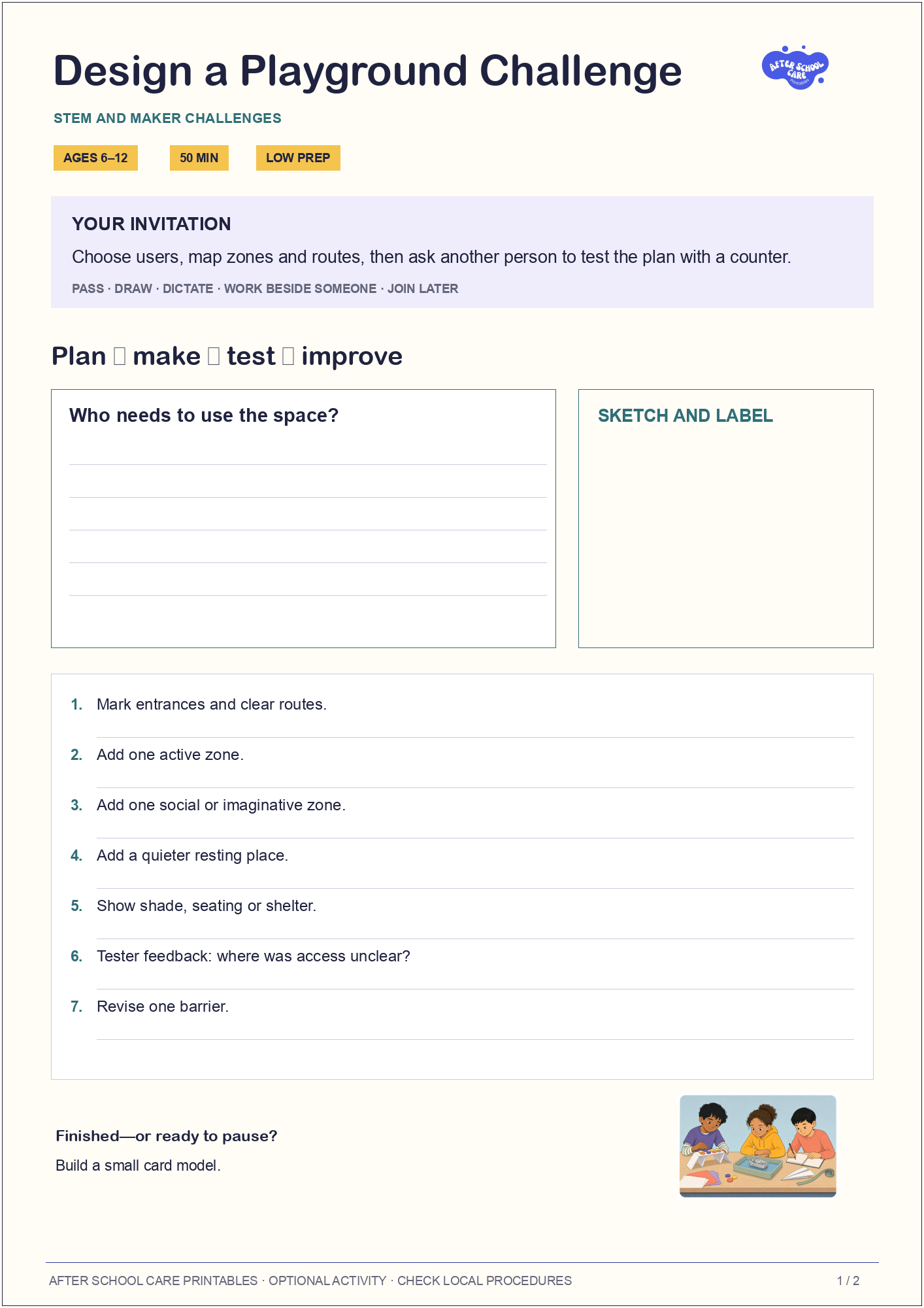 Design a Playground Challenge child-facing activity page preview