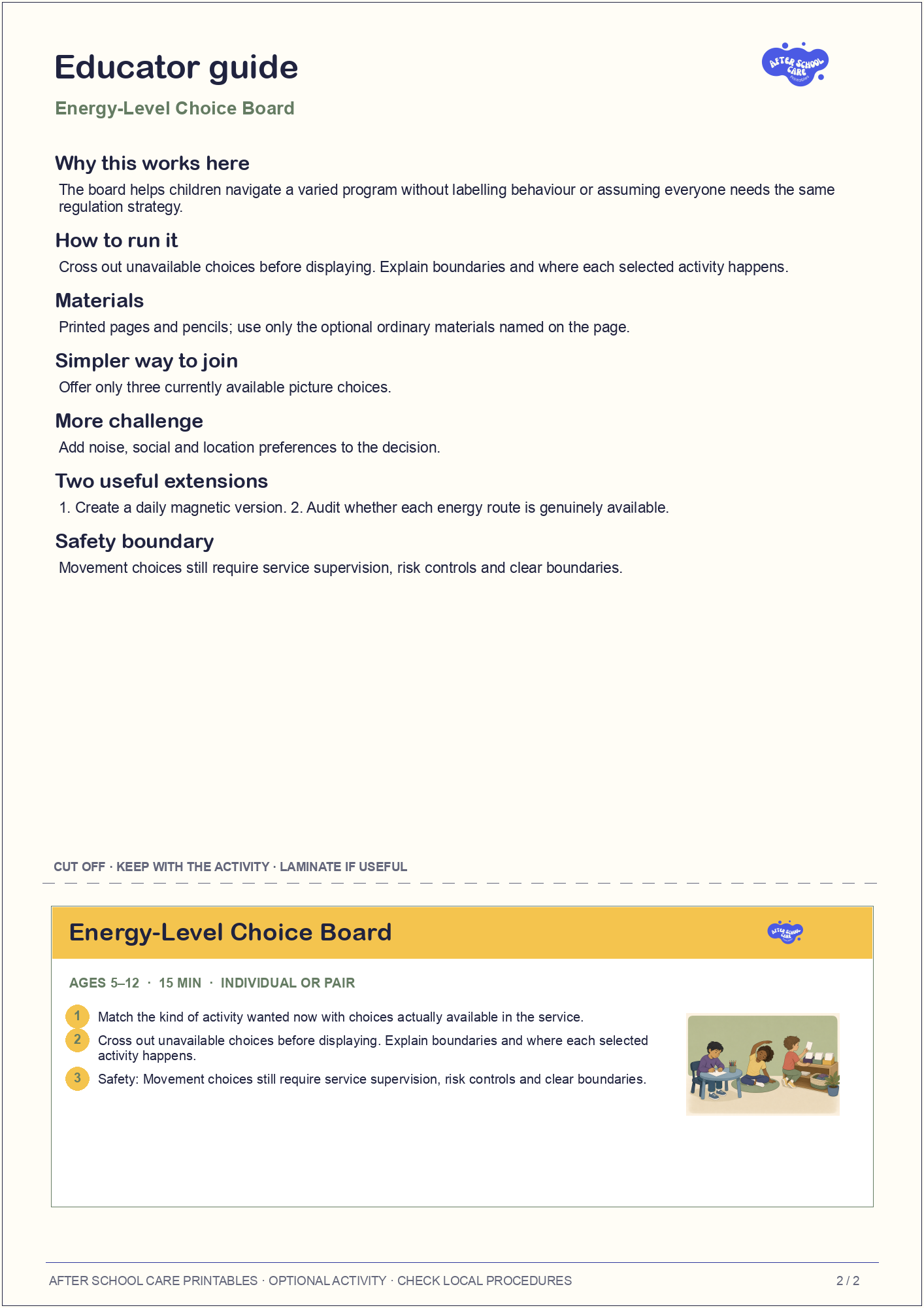 Energy-Level Choice Board educator guide and quick-reference card preview