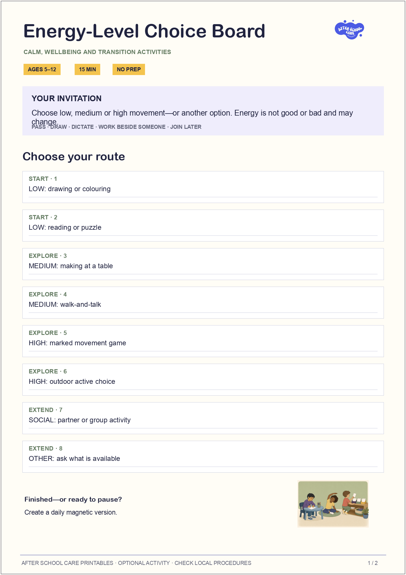 Energy-Level Choice Board child-facing activity page preview