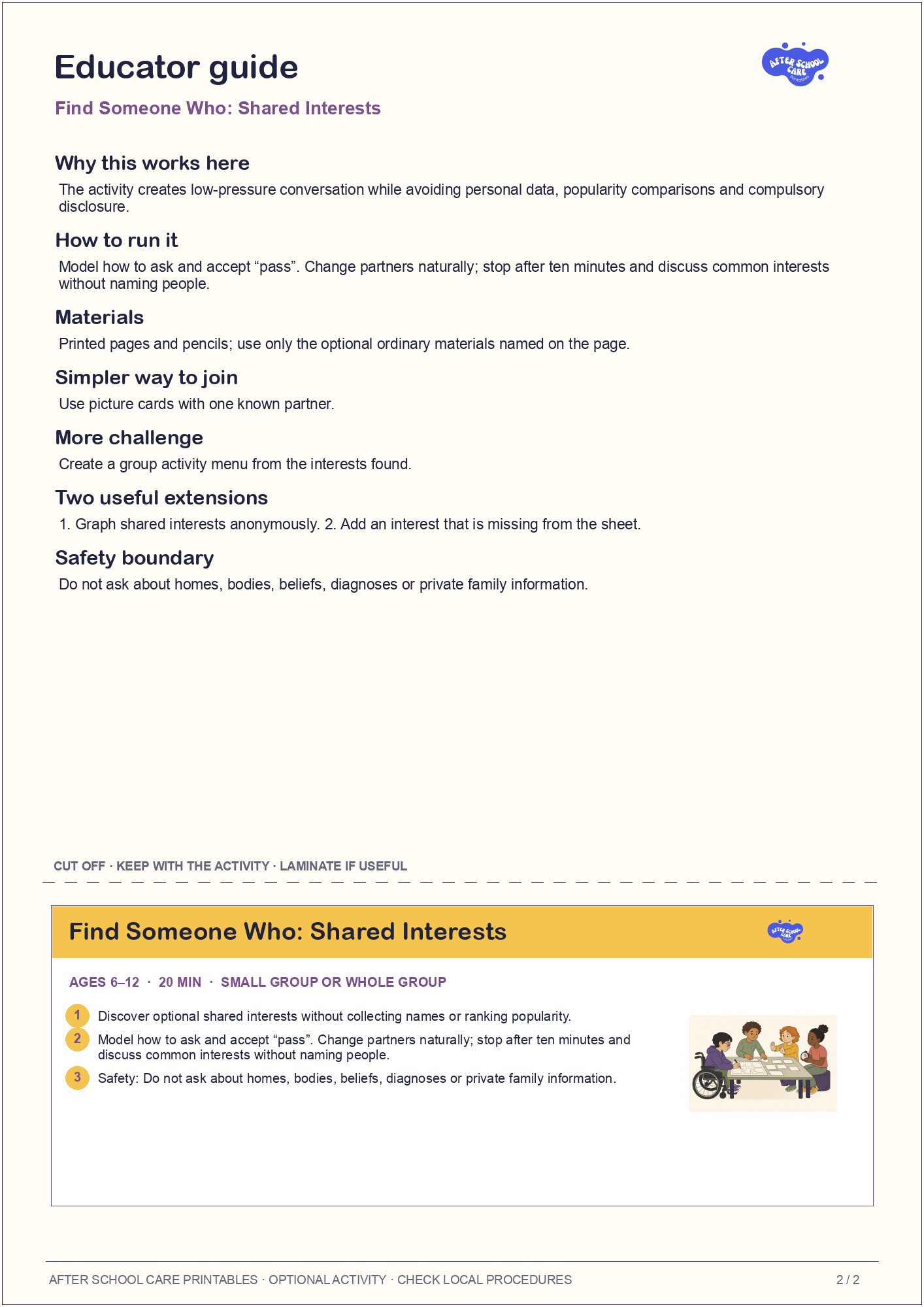 Find Someone Who: Shared Interests educator guide and quick-reference card preview
