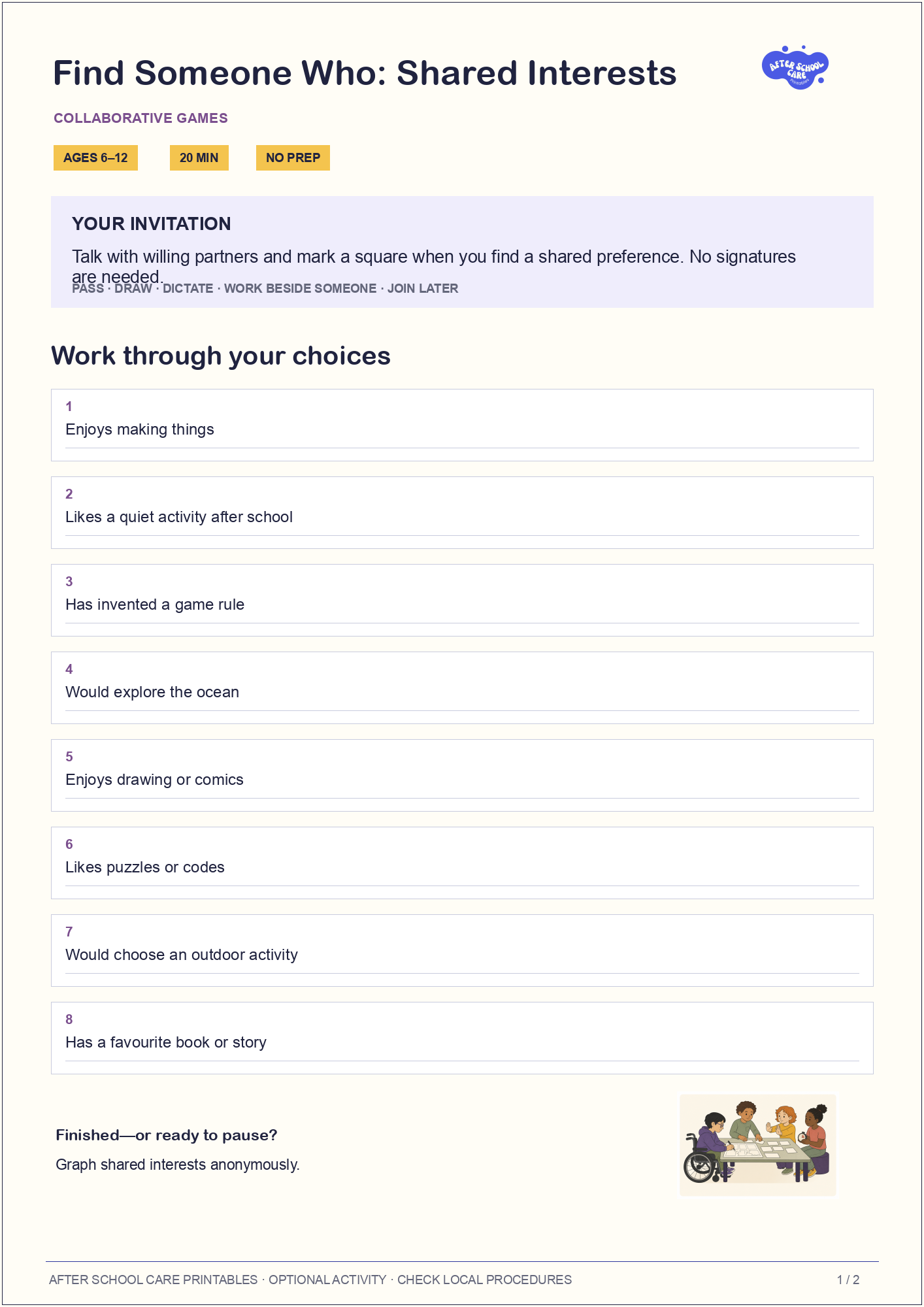 Find Someone Who: Shared Interests child-facing activity page preview