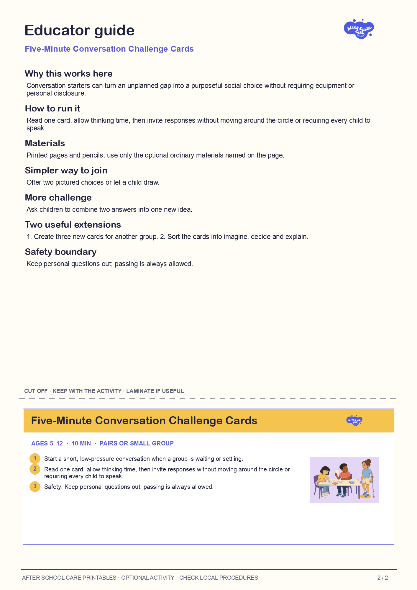 Five-Minute Conversation Challenge Cards educator guide and quick-reference card preview