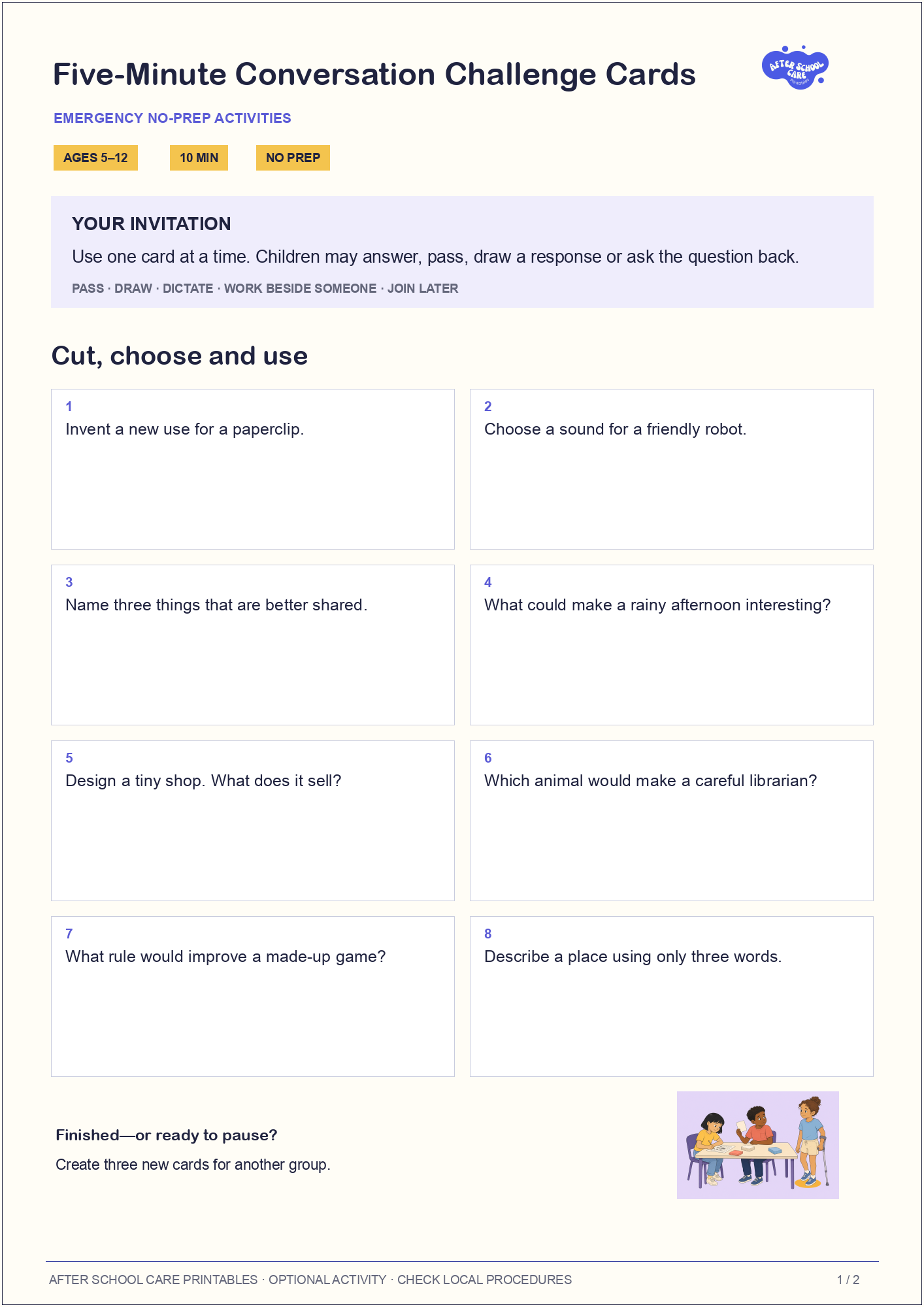 Five-Minute Conversation Challenge Cards child-facing activity page preview