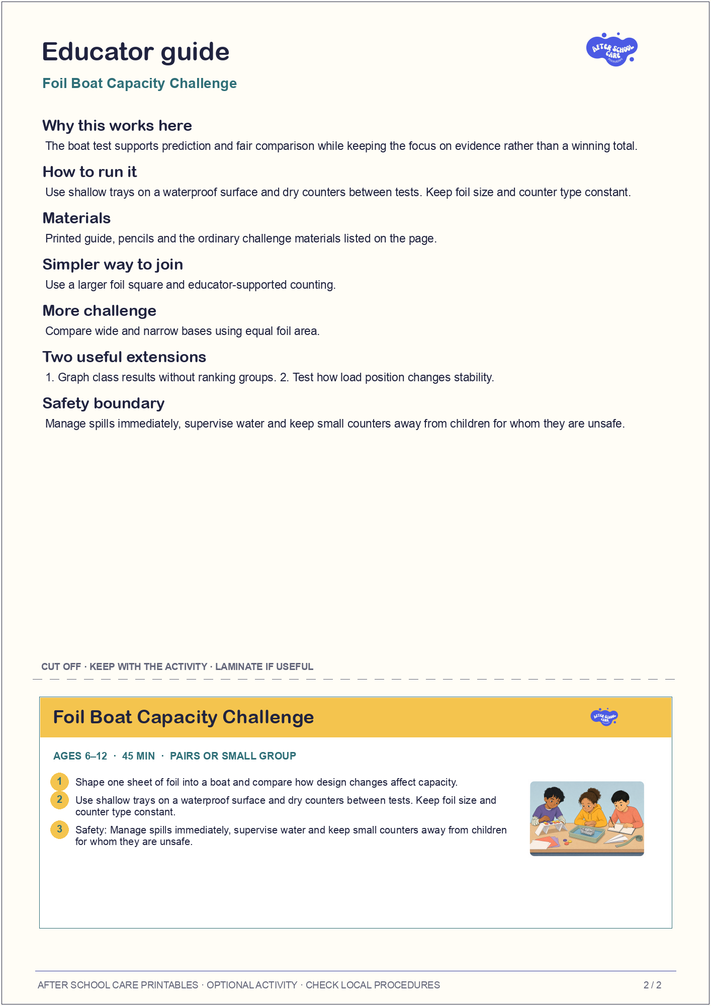 Foil Boat Capacity Challenge educator guide and quick-reference card preview