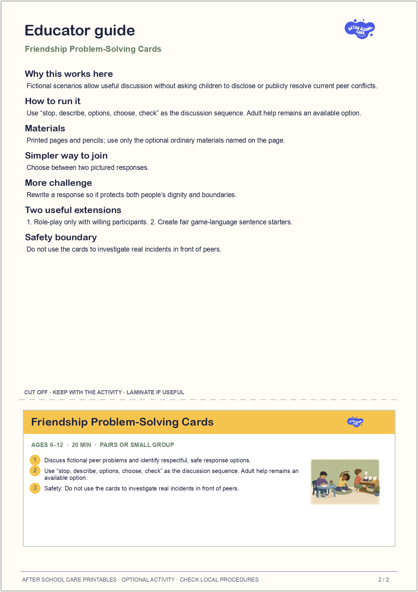 Friendship Problem-Solving Cards educator guide and quick-reference card preview