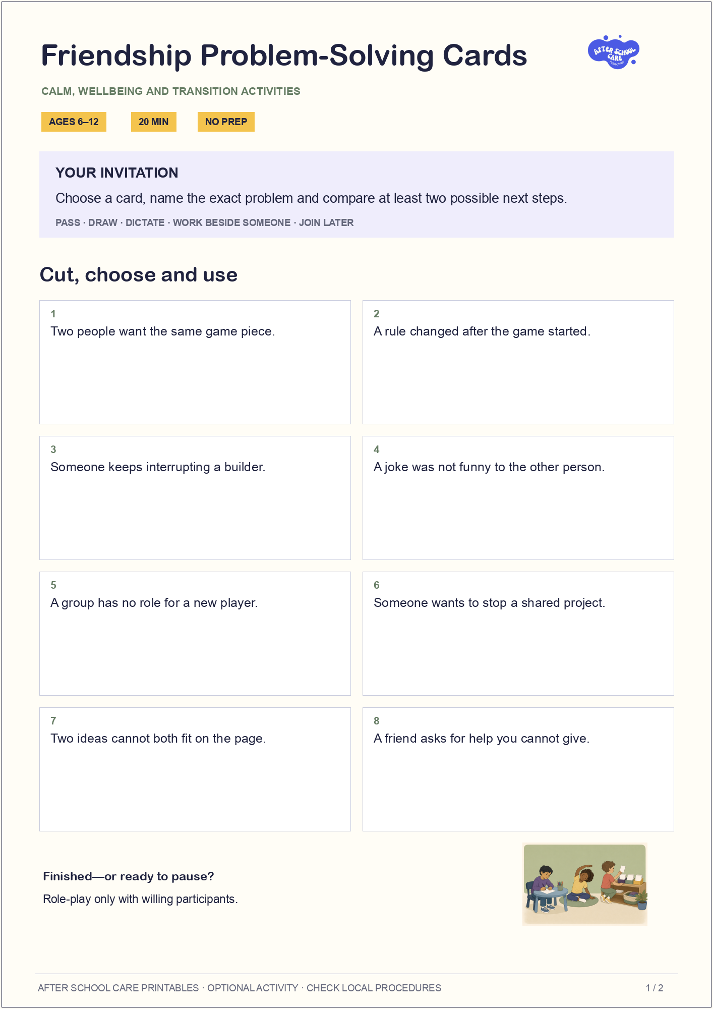 Friendship Problem-Solving Cards child-facing activity page preview