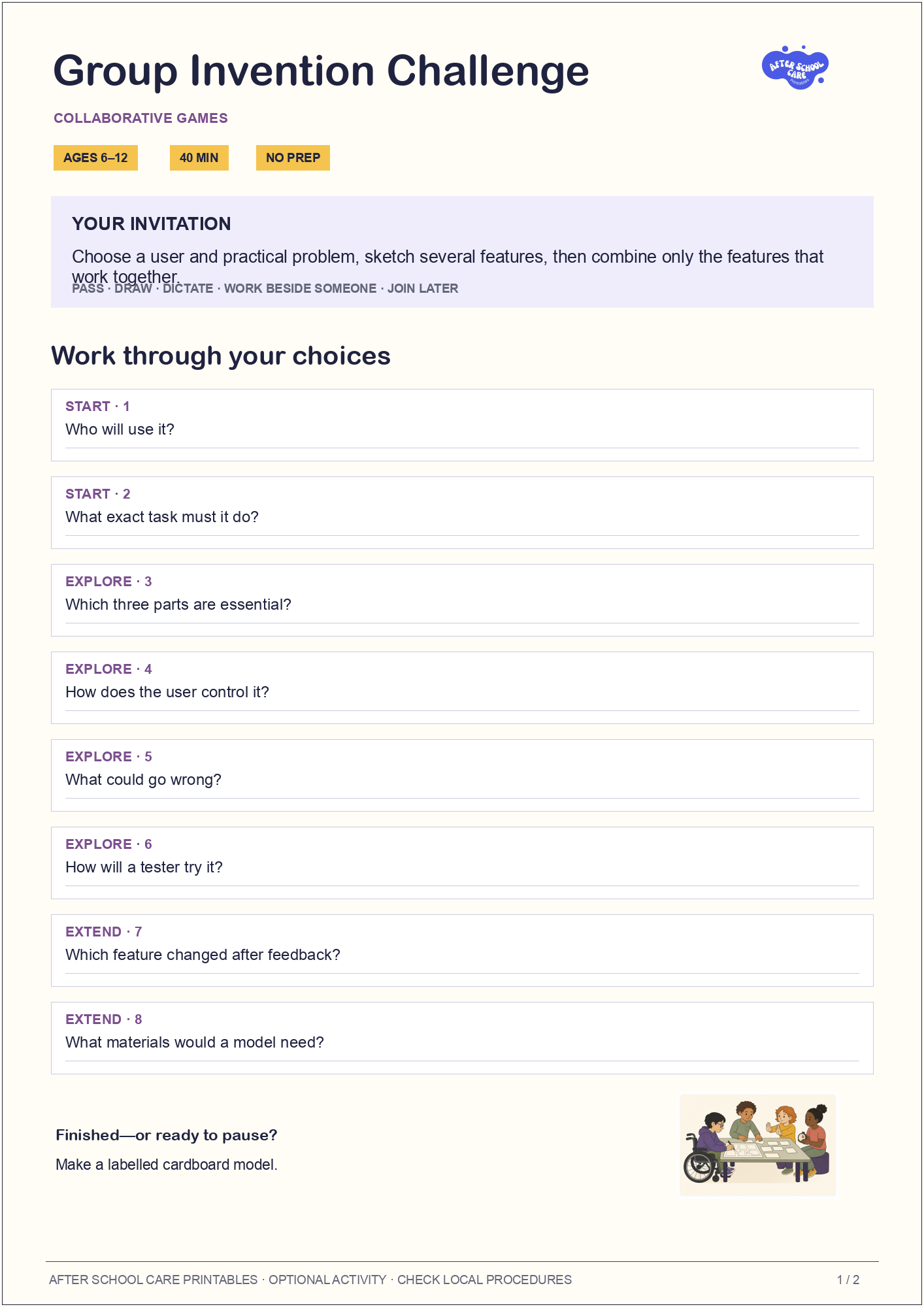 Group Invention Challenge child-facing activity page preview