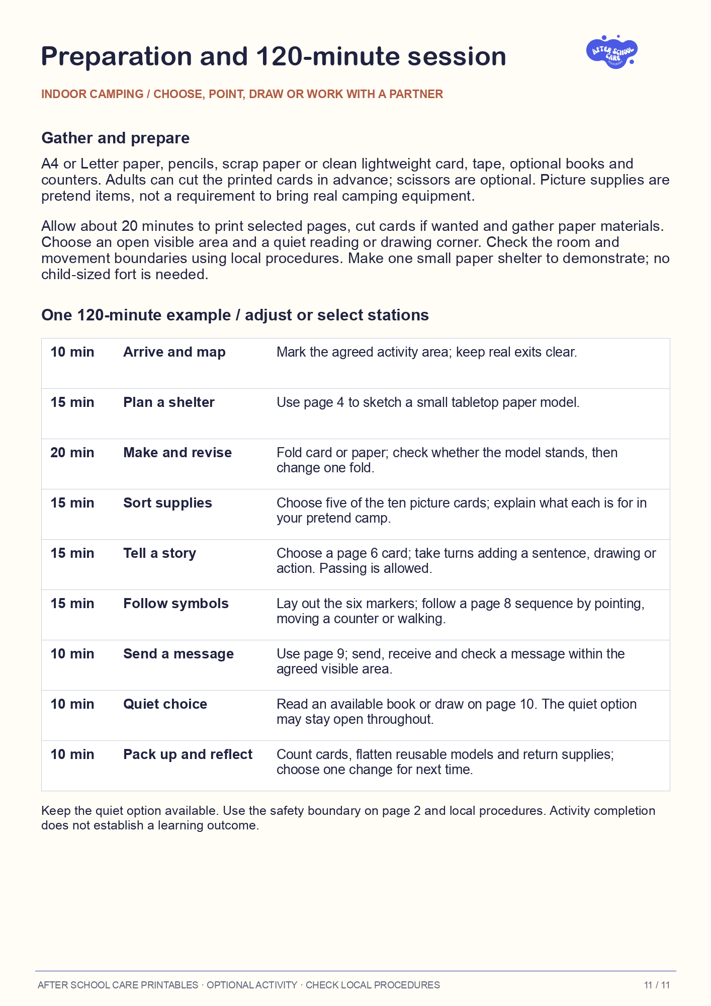 Indoor Camping Activity Pack: Preparation and 120-minute session preview
