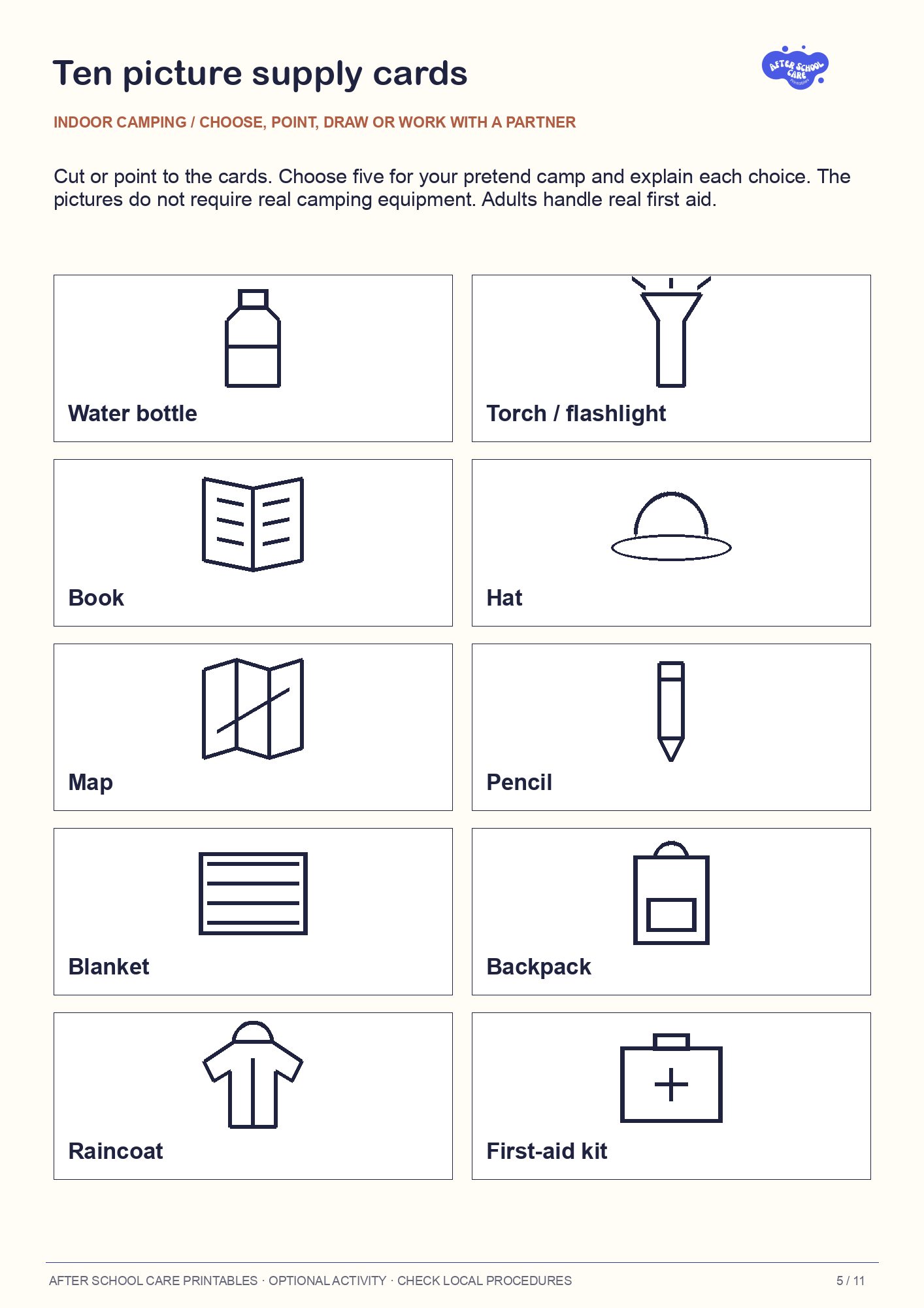Indoor Camping Activity Pack: Ten picture supply cards preview