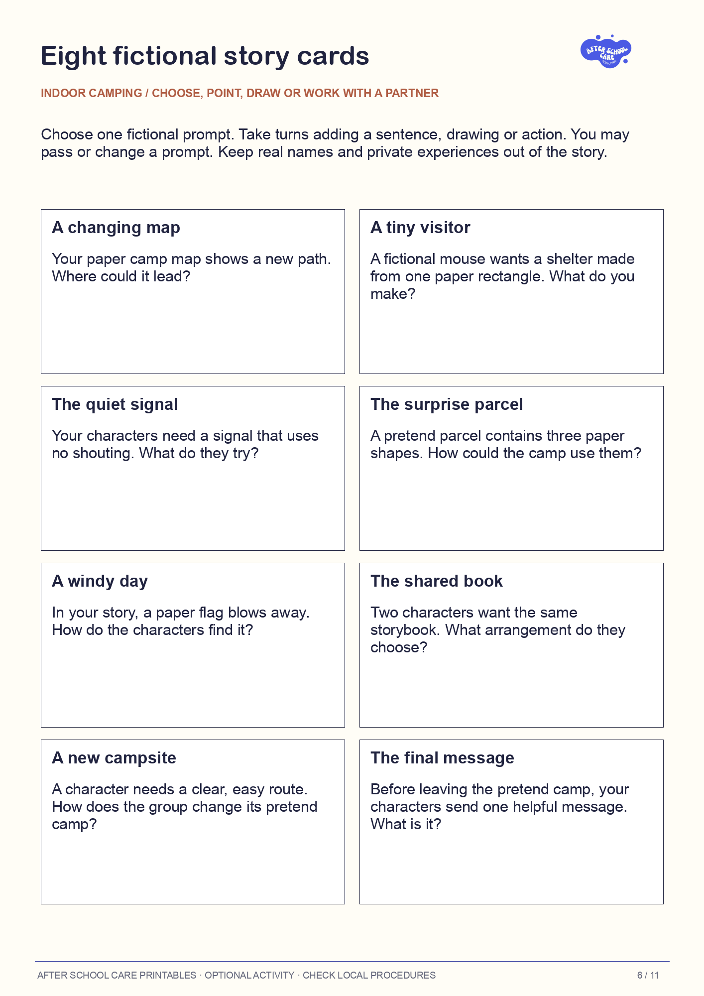 Indoor Camping Activity Pack: Eight fictional story cards preview