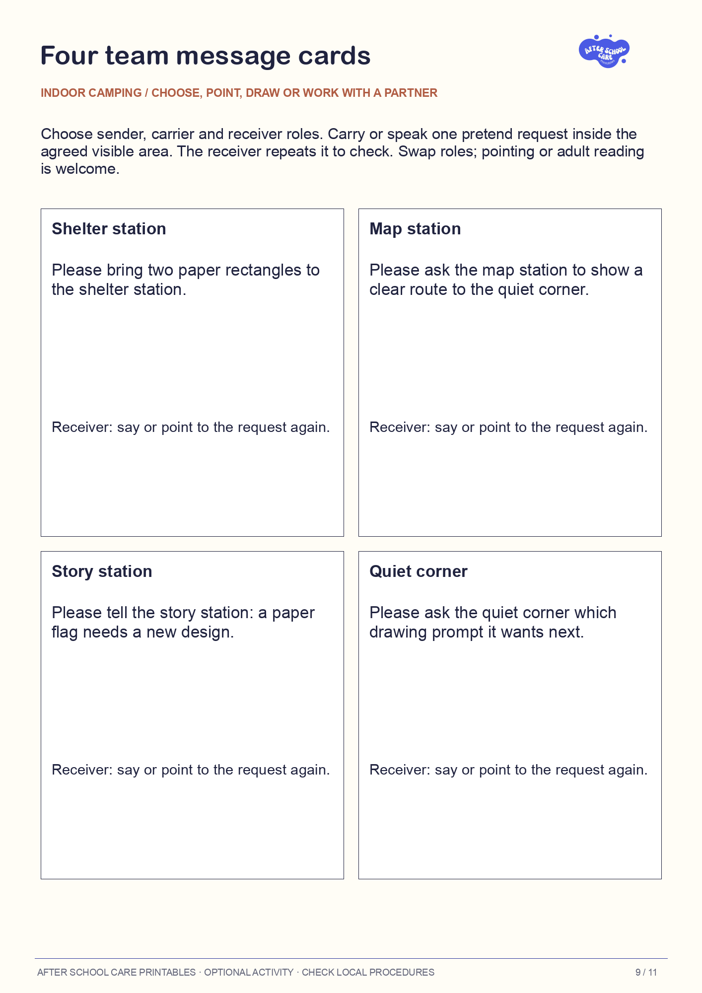 Indoor Camping Activity Pack: Four team message cards preview