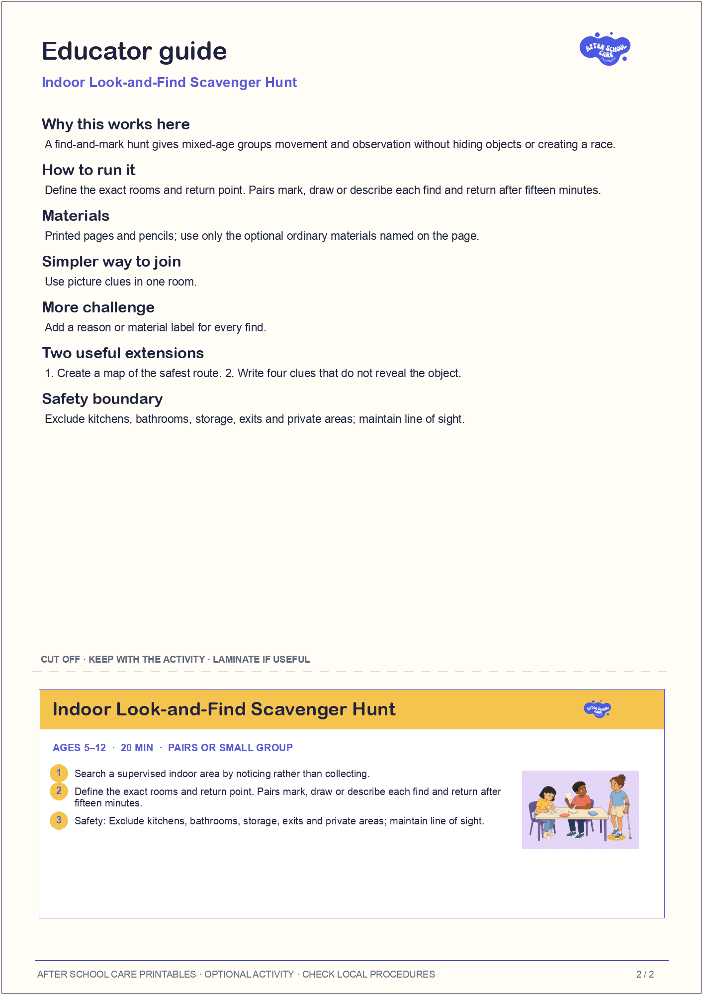 Indoor Look-and-Find Scavenger Hunt educator guide and quick-reference card preview