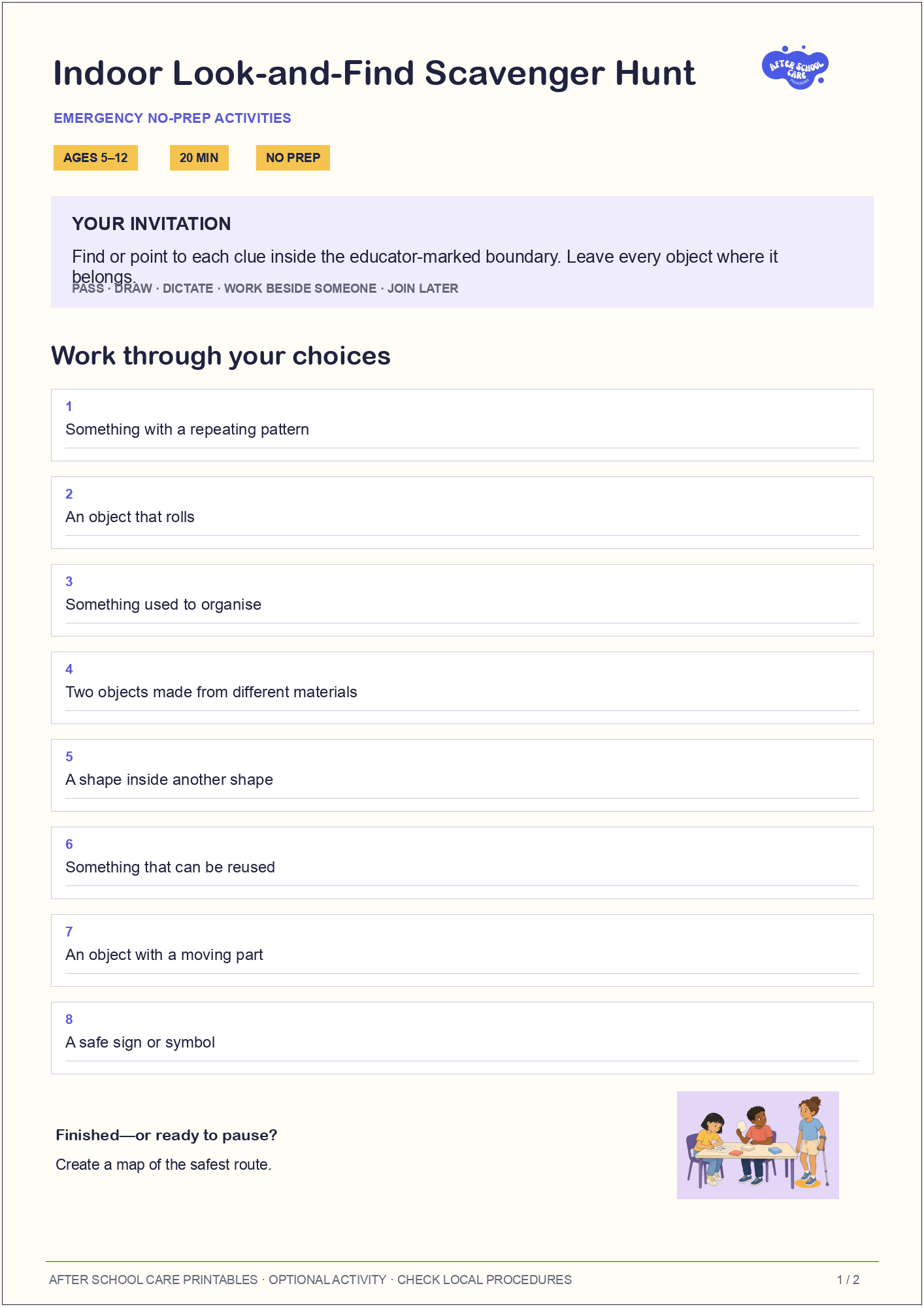 Indoor Look-and-Find Scavenger Hunt child-facing activity page preview