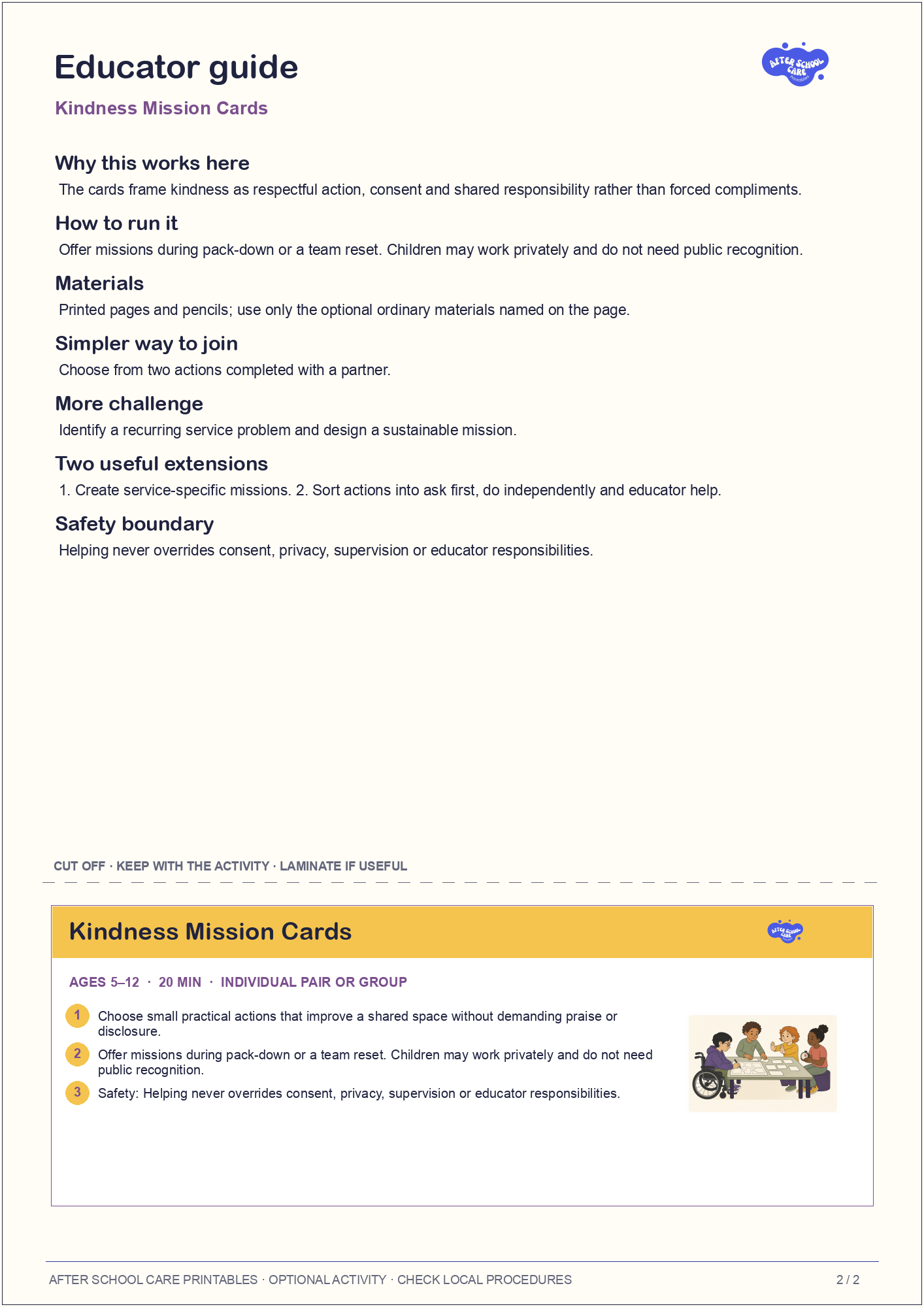 Kindness Mission Cards educator guide and quick-reference card preview