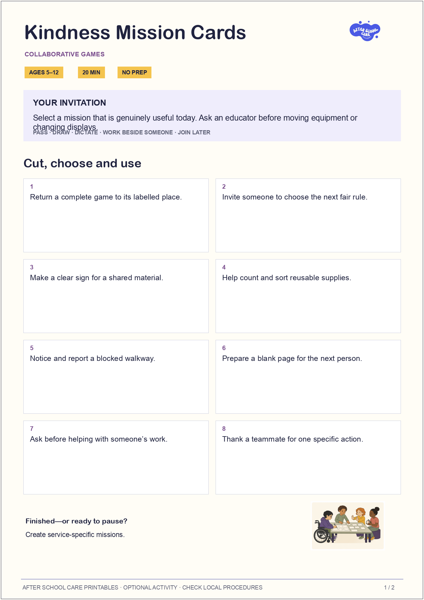 Kindness Mission Cards child-facing activity page preview