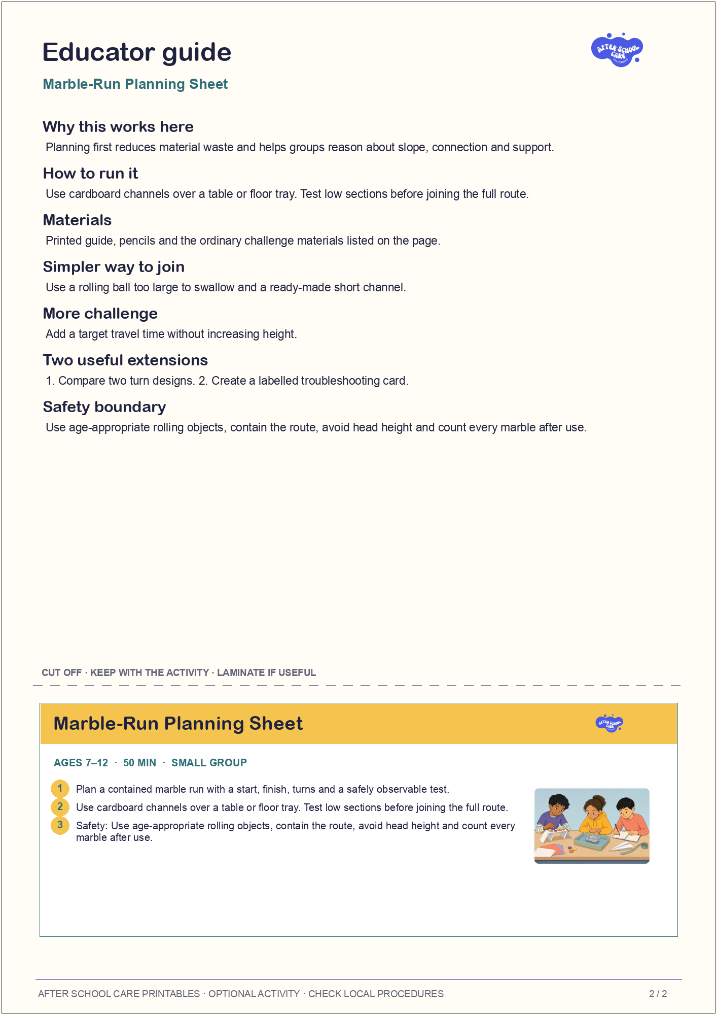 Marble-Run Planning Sheet educator guide and quick-reference card preview
