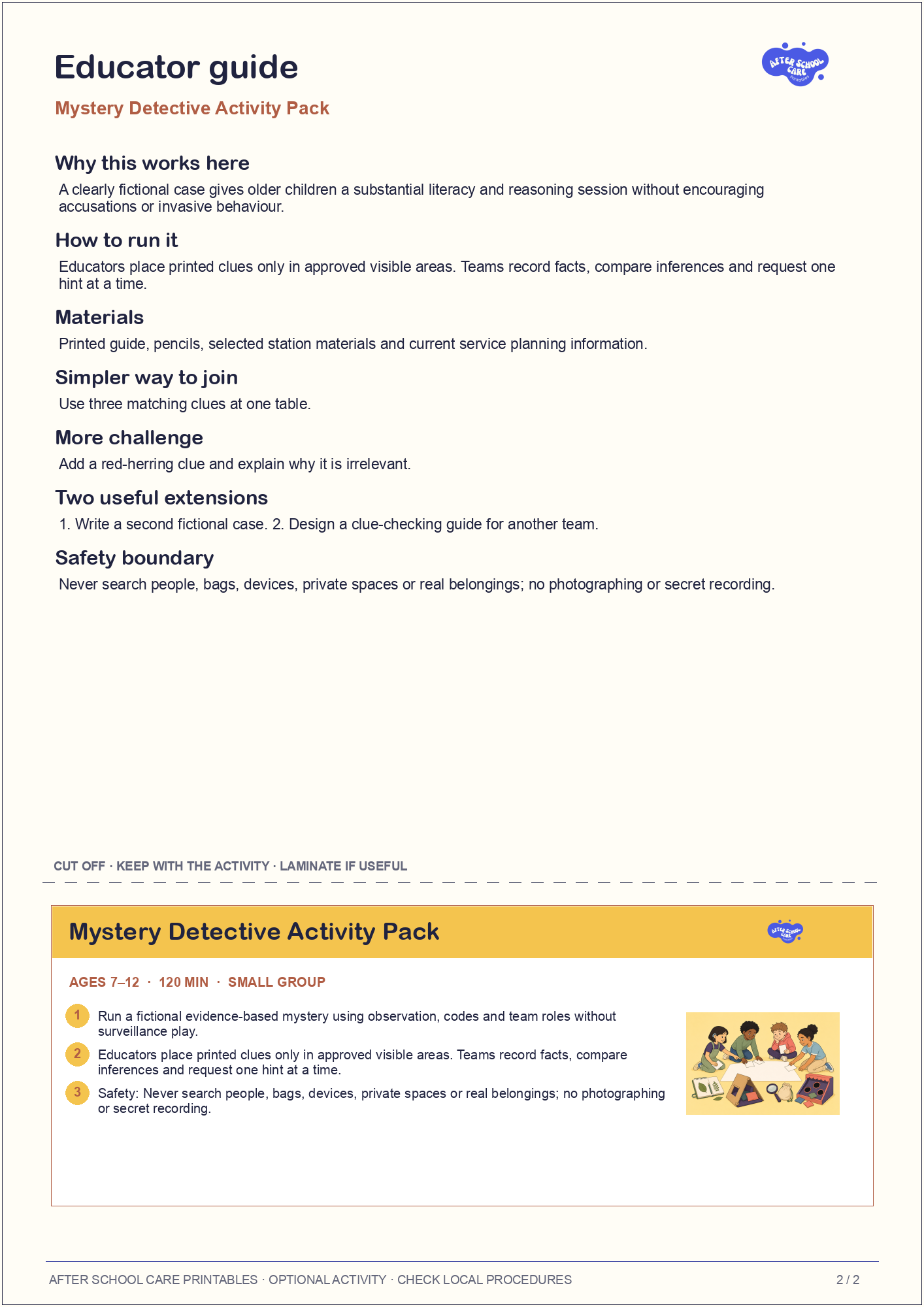 Mystery Detective Activity Pack educator guide and quick-reference card preview