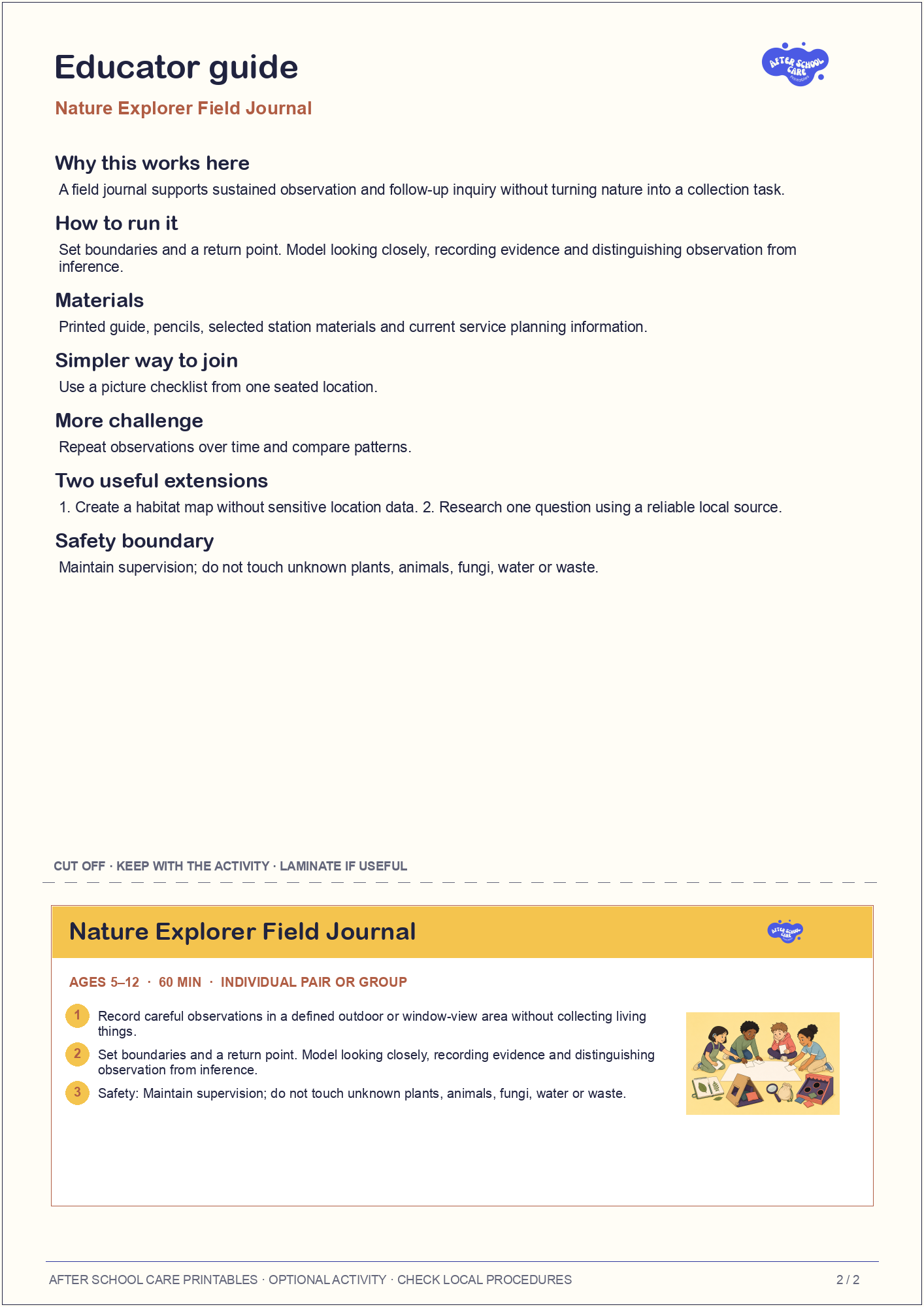 Nature Explorer Field Journal educator guide and quick-reference card preview