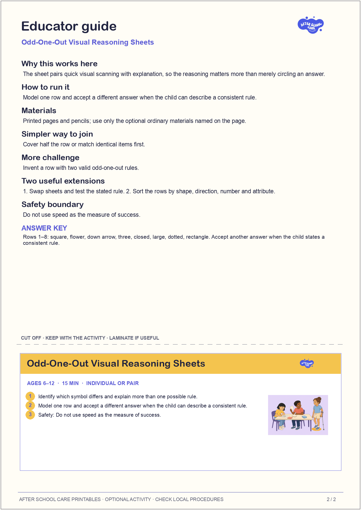 Odd-One-Out Visual Reasoning Sheets educator guide and quick-reference card preview