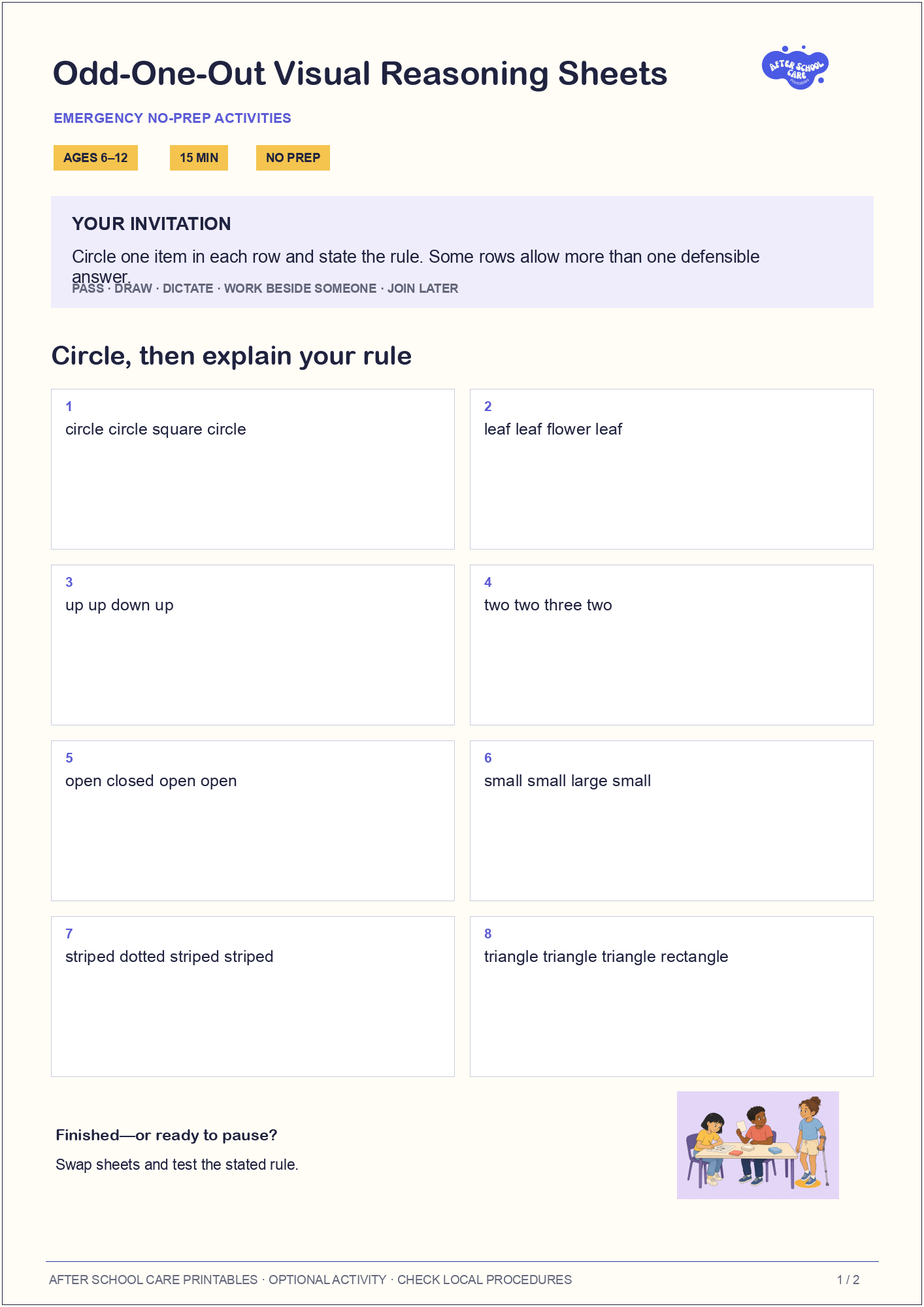 Odd-One-Out Visual Reasoning Sheets child-facing activity page preview