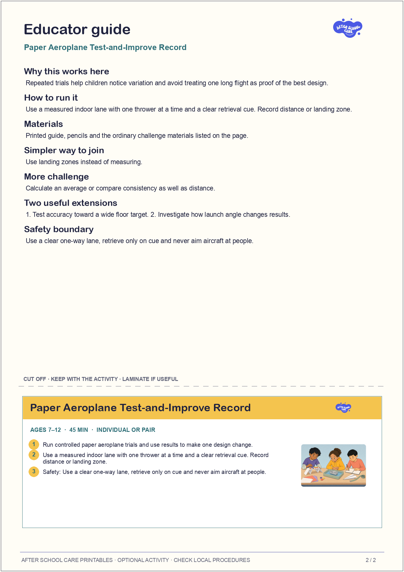 Paper Aeroplane Test-and-Improve Record educator guide and quick-reference card preview