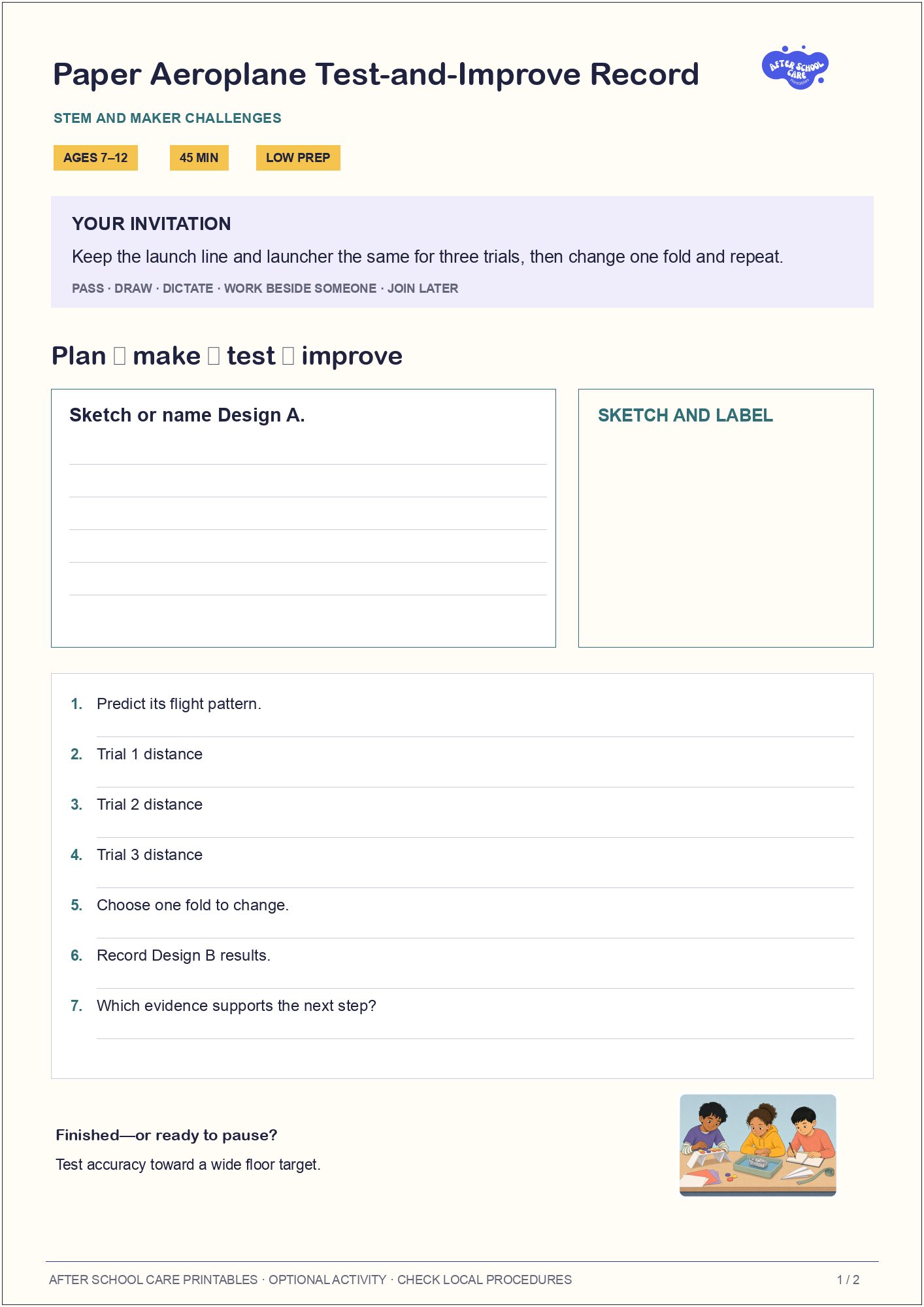 Paper Aeroplane Test-and-Improve Record child-facing activity page preview