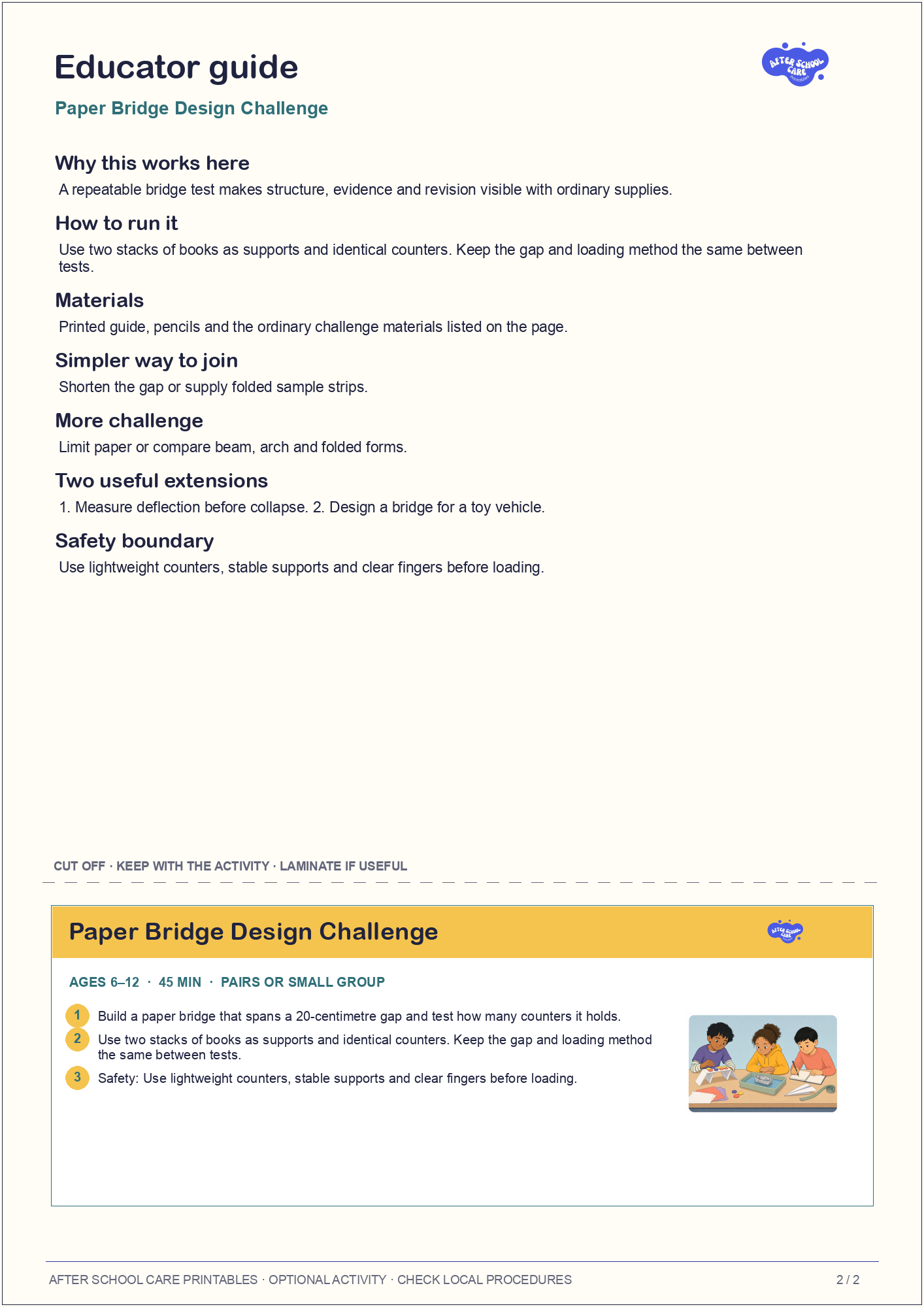 Paper Bridge Design Challenge educator guide and quick-reference card preview